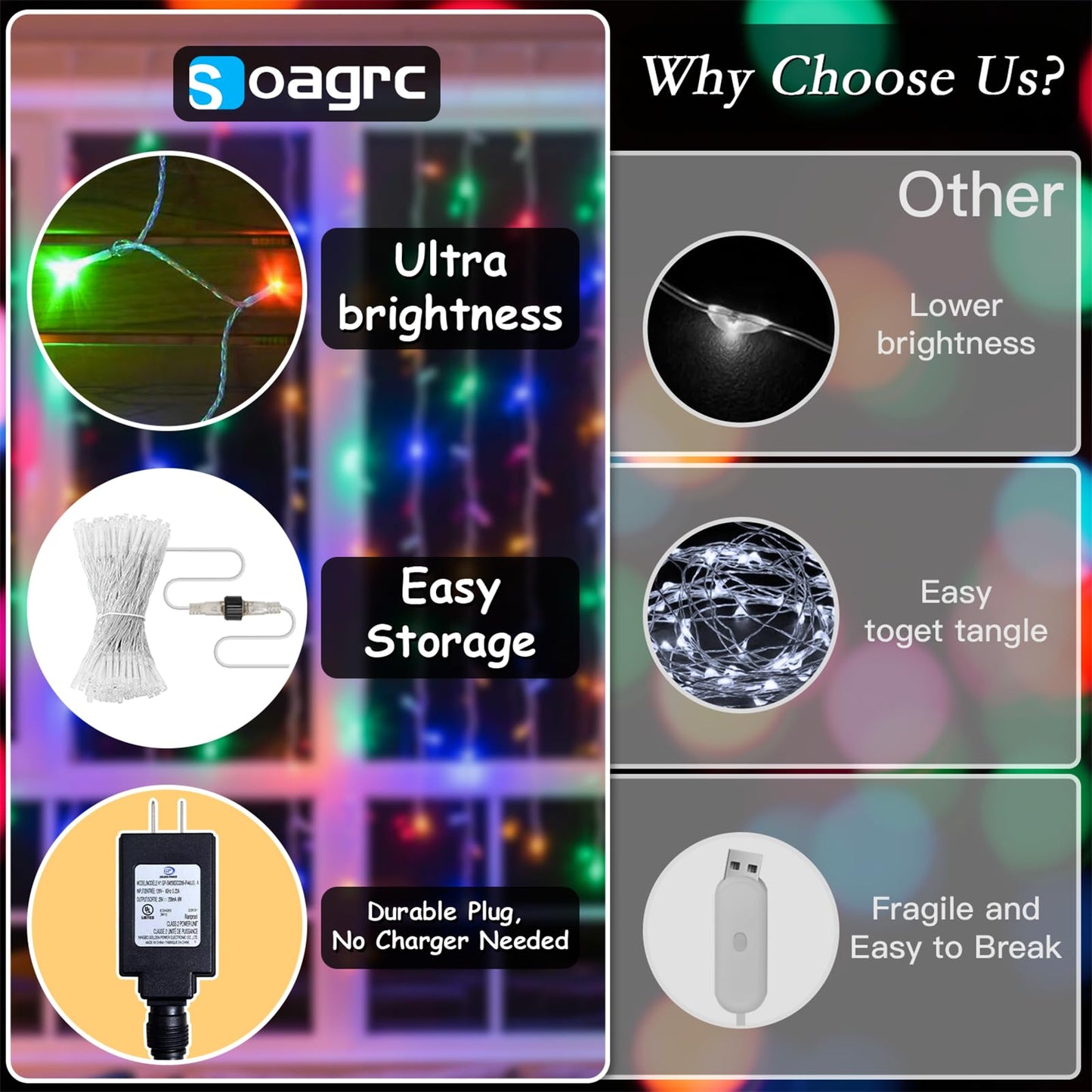 Soagrc 200 LED Rainbow Curtain String Lights 9.8 * 6.6FT Plug in Fairy with Timer and 8 Modes, Waterproof Window Wall Lights for Bedroom Wedding Party Indoor Outdoor Christmas Decor