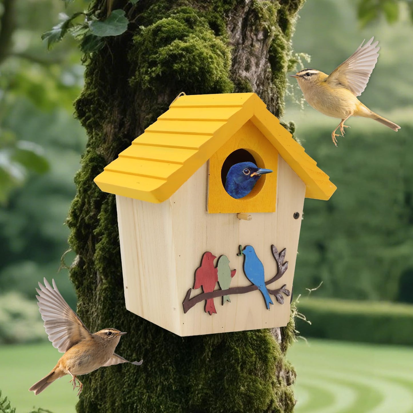 Wooden Bird Houses Bird House for Outside,Yellow Wood Bird House for Outdoors, 1.5" Entrance Hole Bird Houses for Garden Blue Bird Hummingbird Wren Cardinal Swallow Sparrow Finch