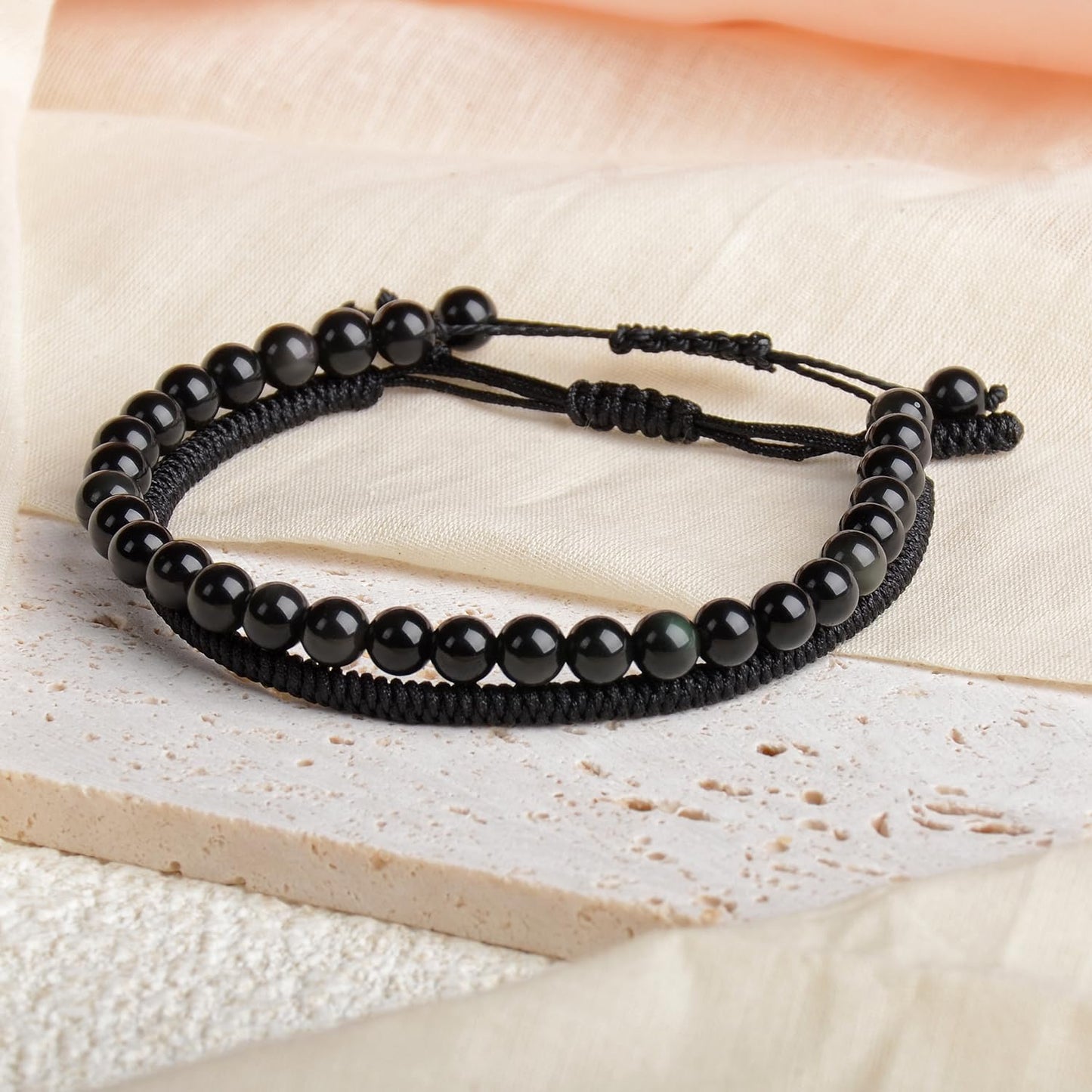 LPBeads 6mm Black Obsidian Bracelet with Handmade Rope Bracelet Size Adjustable Natural Stone Crystal Healing Bracelets Gifts for Unisex Adults