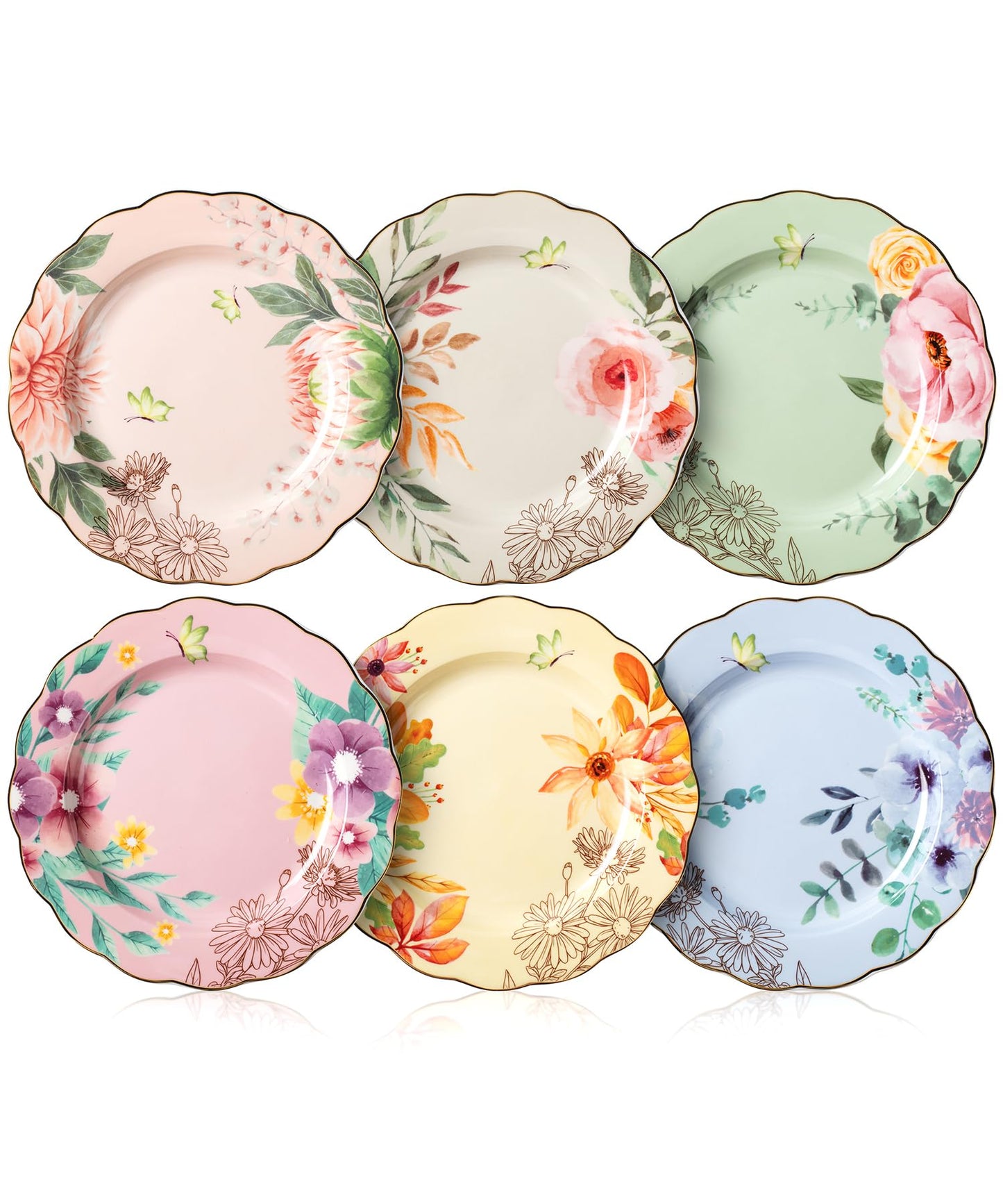 BTaT- Porcelain Floral Plates, 8 inch, Set of 6, Royal Dessert Plates, Appetizer Plates, Floral Plates, Salad Plates, Small Plates, Small Plates Set, Small Dishes, Dinnerware, Mothers Day Gift