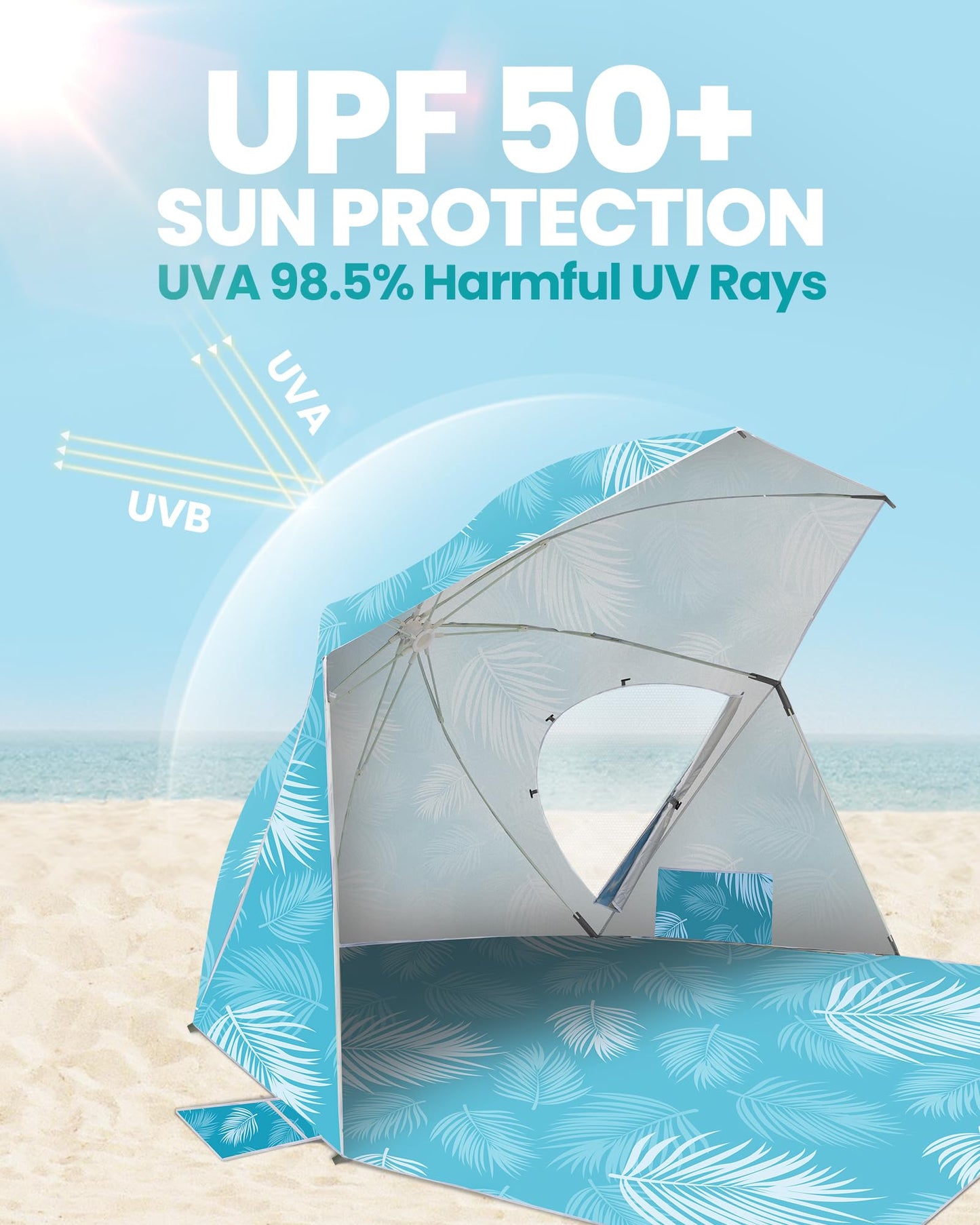 OutdoorMaster Pop Up Beach Umbrella, Portable Tent Shelter, Beach Shade Sun Canopy with UPF 50+ UV Protection, Extendable Floor with Carrying Bag - Blue Feathers