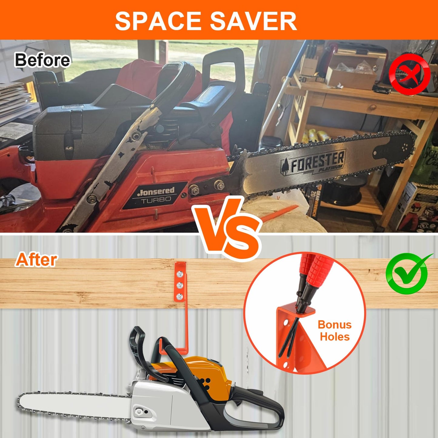 3 in 1 Chainsaw Holder 10" - Heavy Duty Chainsaw Wall Mount, 10 Gauge Steel Chain Saw Hanger for Garage Organization, Hefty Rack Storage Organizer for Chainsaw Accessories and Tools, 180lbs Capacity