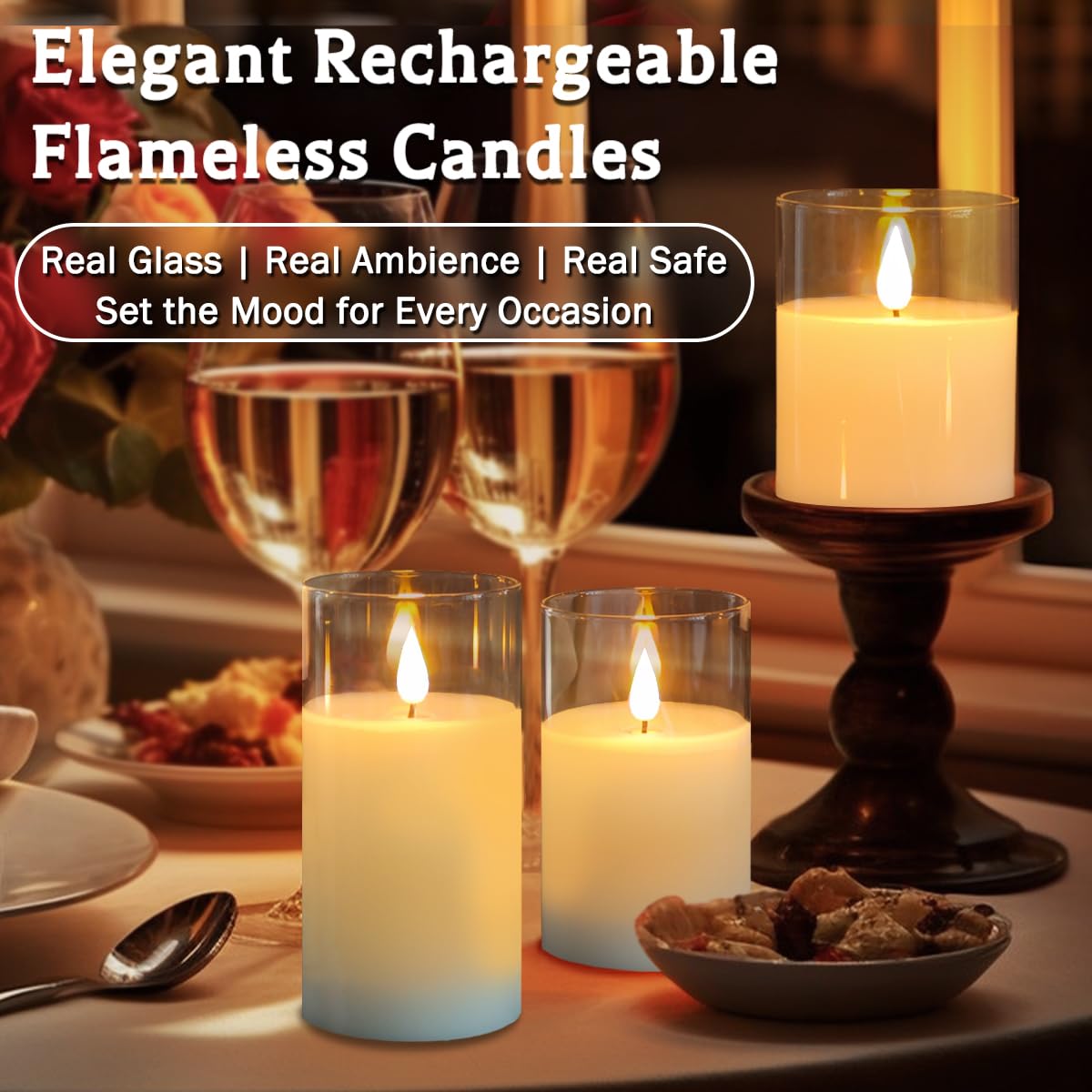LEDHOLYT Rechargeable Flameless Glass Pillar Candles–Mothers Day Gifts,–Set of 3, Realistic Flickering LED Light,Remote & Timer, Ideal for Living Room, Bedroom & Birthday Gifts for Mom