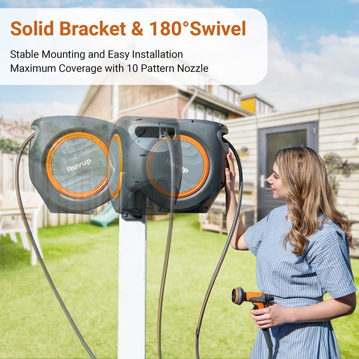 Ruvup Retractable Garden Hose Reel with Metal Bracket, 5/8in x 100ft+6.5ft Water Hose Reel, UV Resistant Automatic Hose Reel Wall Mount for Outside, Slow Retraction Any Length Lock 10 Spray Nozzle
