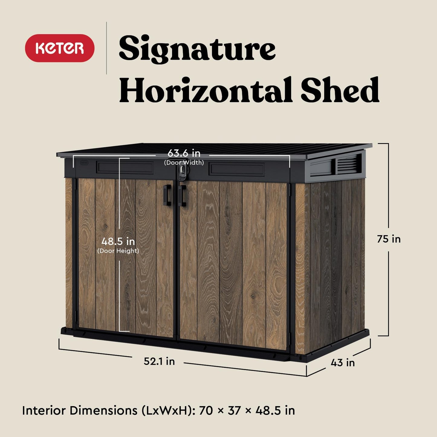 Keter Signature Collection All Weather Outdoor Storage Shed – Durable Resin Garden Shed with Built‑in Ventilation, & Lockable Double Doors – Walnut Finish
