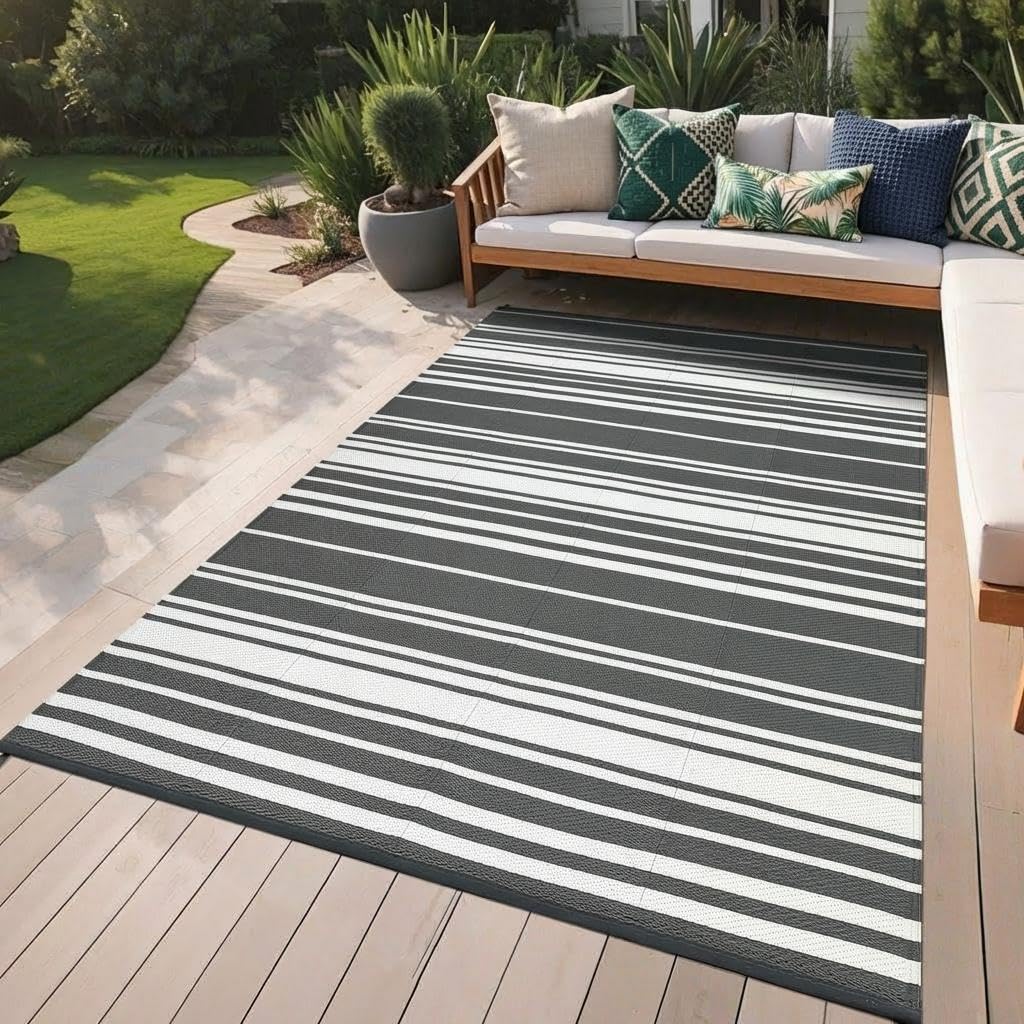 Jojoka Modern Outdoor Rug Reversible Plastic Straw Rug, Geometric Lines Pattern, UV-Resistant Portable Camping Carpet for Patio, RV, Deck, Trailer & Poolside