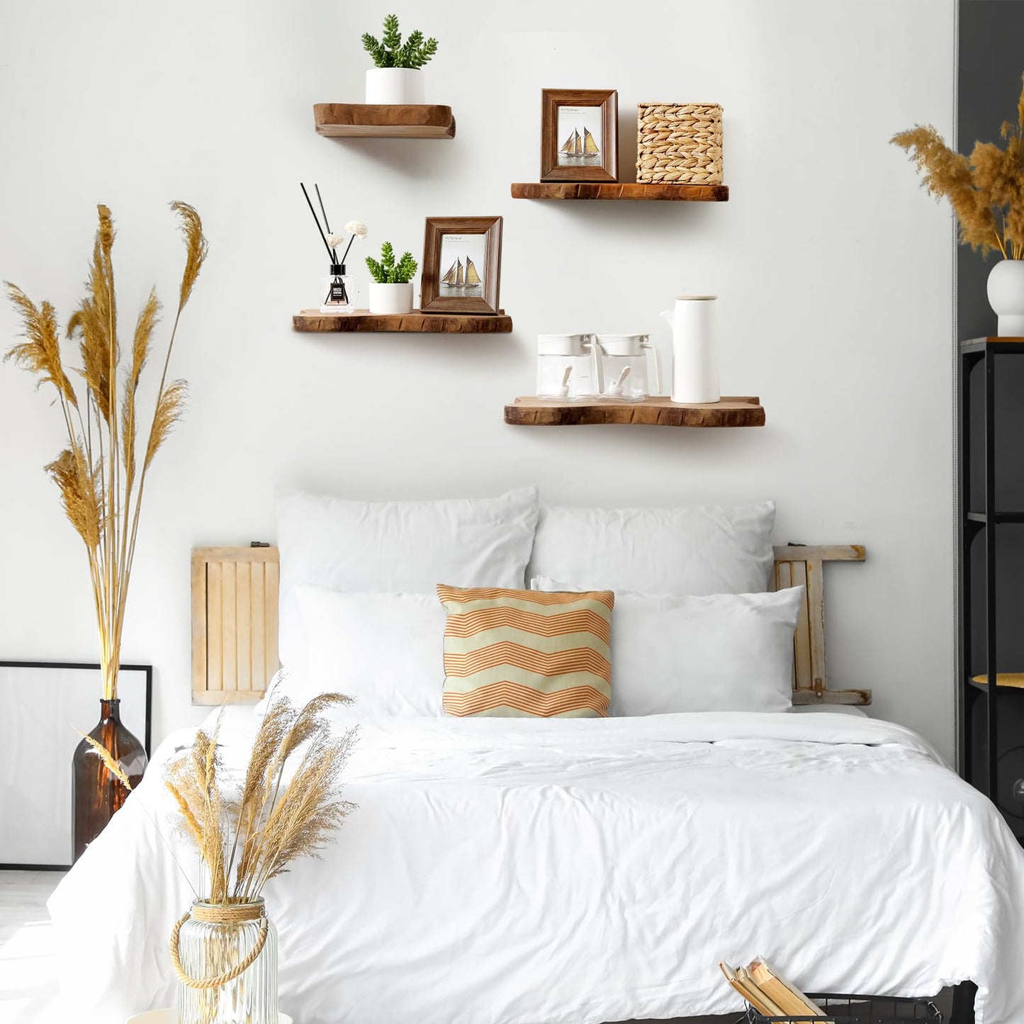 Pinkunn 4 Pcs Floating Shelves for Wall Wooden Live Edge Shelf Wall-Mounted Natural Solid Wood Bedroom Kitchen Storage Living Room Nursery Decor (15.8/11.8/7.9 Inch)