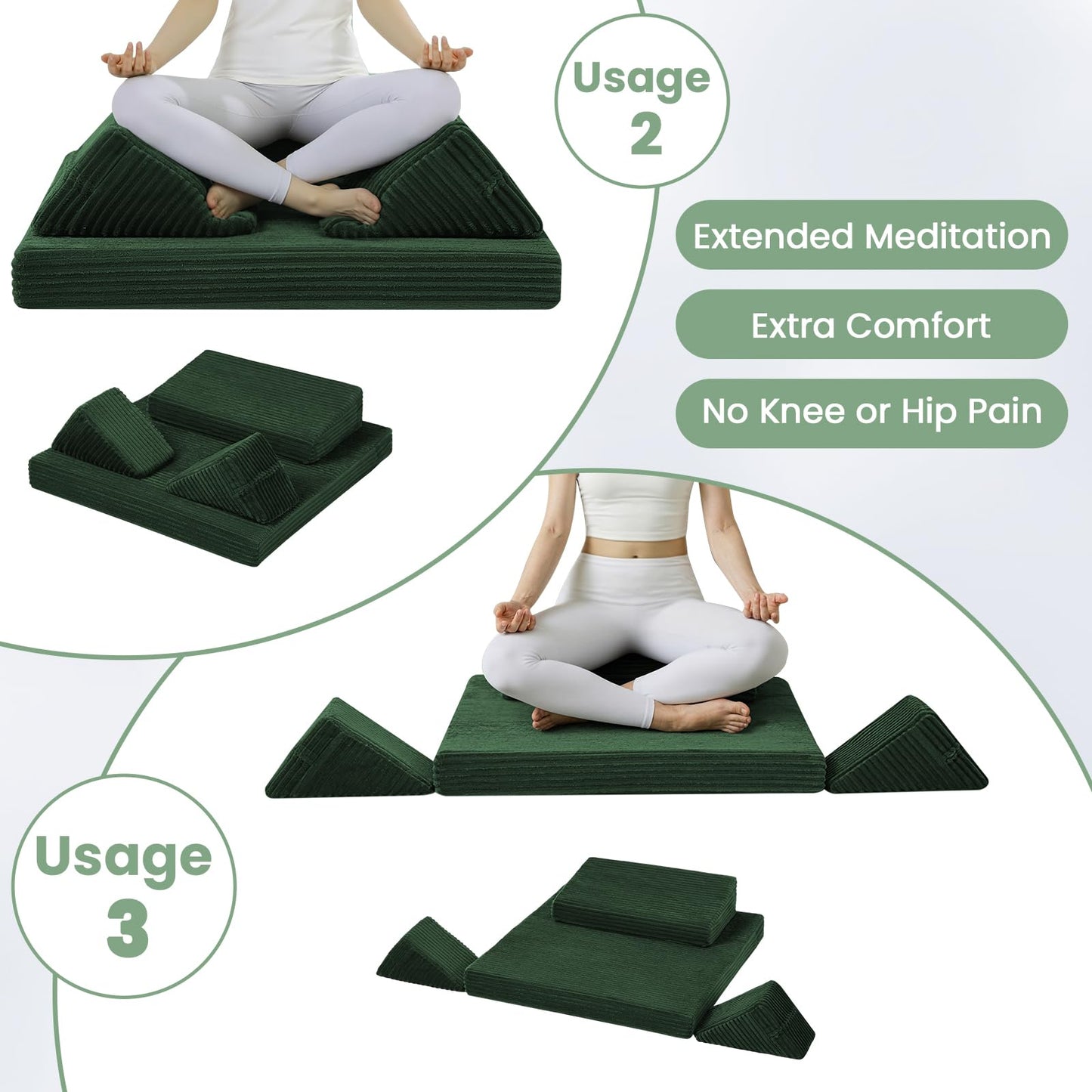 PRIMEPATIO Meditation Cushion Set, Meditation Pillow for Sitting on Floor, Large Yoga Pillow with Knee Support, Washable Zafu Meditation Mat, 3 Shapes Floor Pillow for Adults, Green