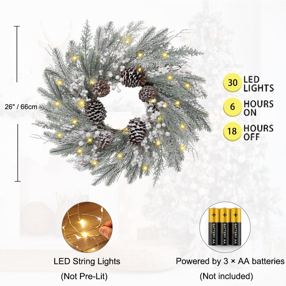 Christmas Wreath for Front Door 26" Large White Xmas Wreath with Frosted Pinecone Berries Battery Operated LED Wreath for Christmas Outdoor Window Fireplaces Walls Home Winter Decor, Briful