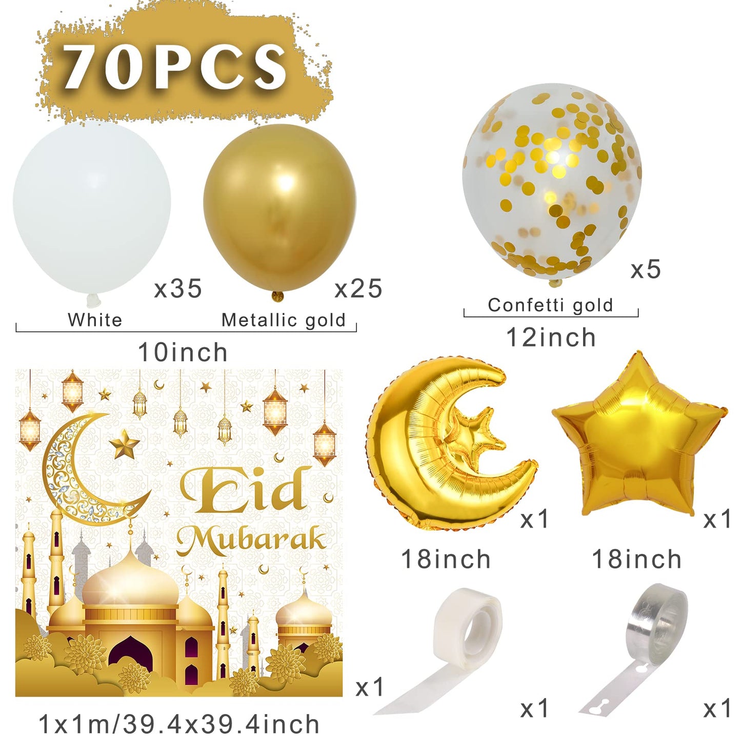 Eid Mubarak Decorations - 70PCS White Gold Ramadan Confetti Balloons with Mubarak Moon Star Foil Balloon, Backdrop for Party Supplies, Eid Decorative Banner for al-Fitr and al-Adha Decor