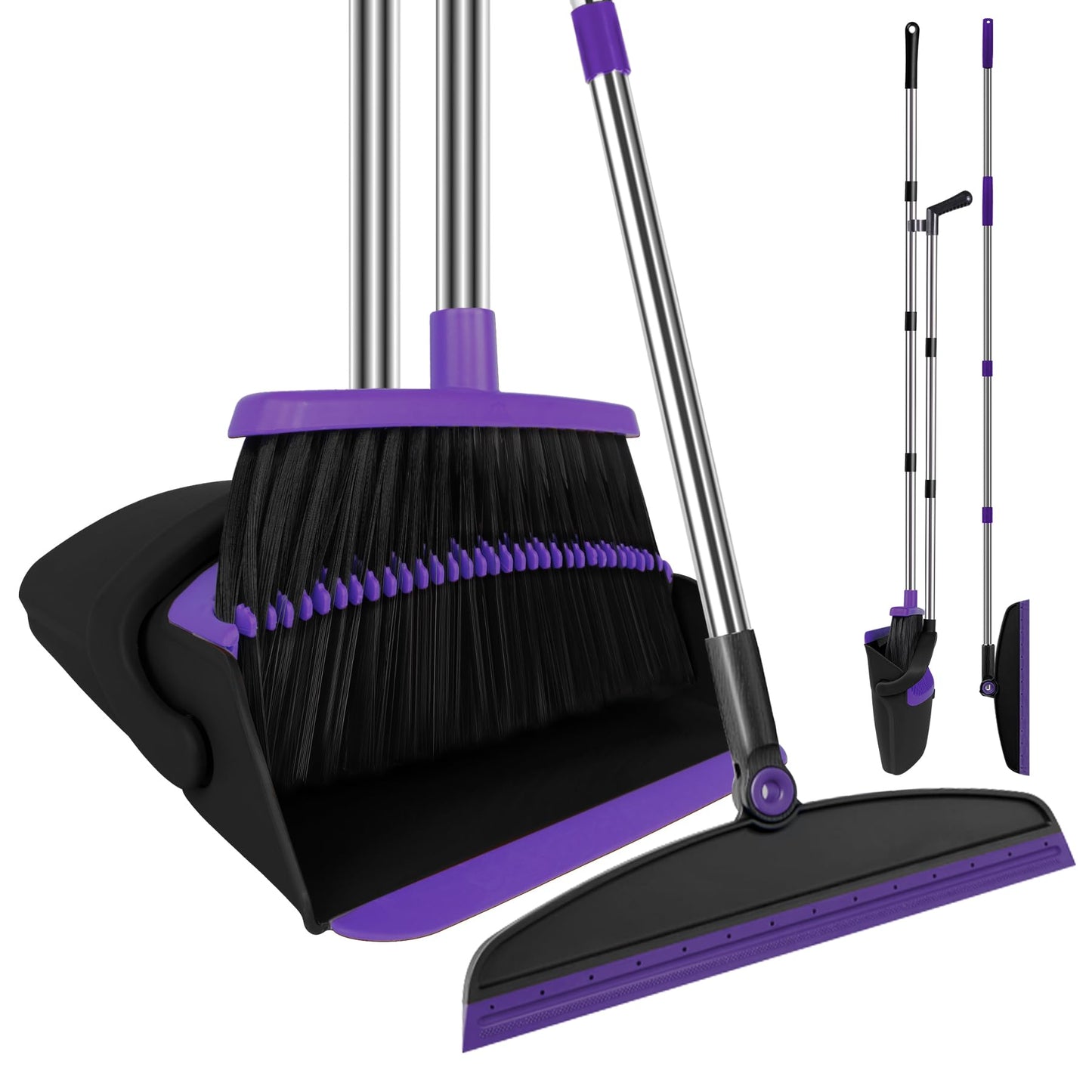 UDUK Broom with Dustpan Combo Set and Silicone Air Broom Kit, 51" Long Handle Floor Squeegee, Purple Household Kit for Glass Window Rugs Pet Hair Home
