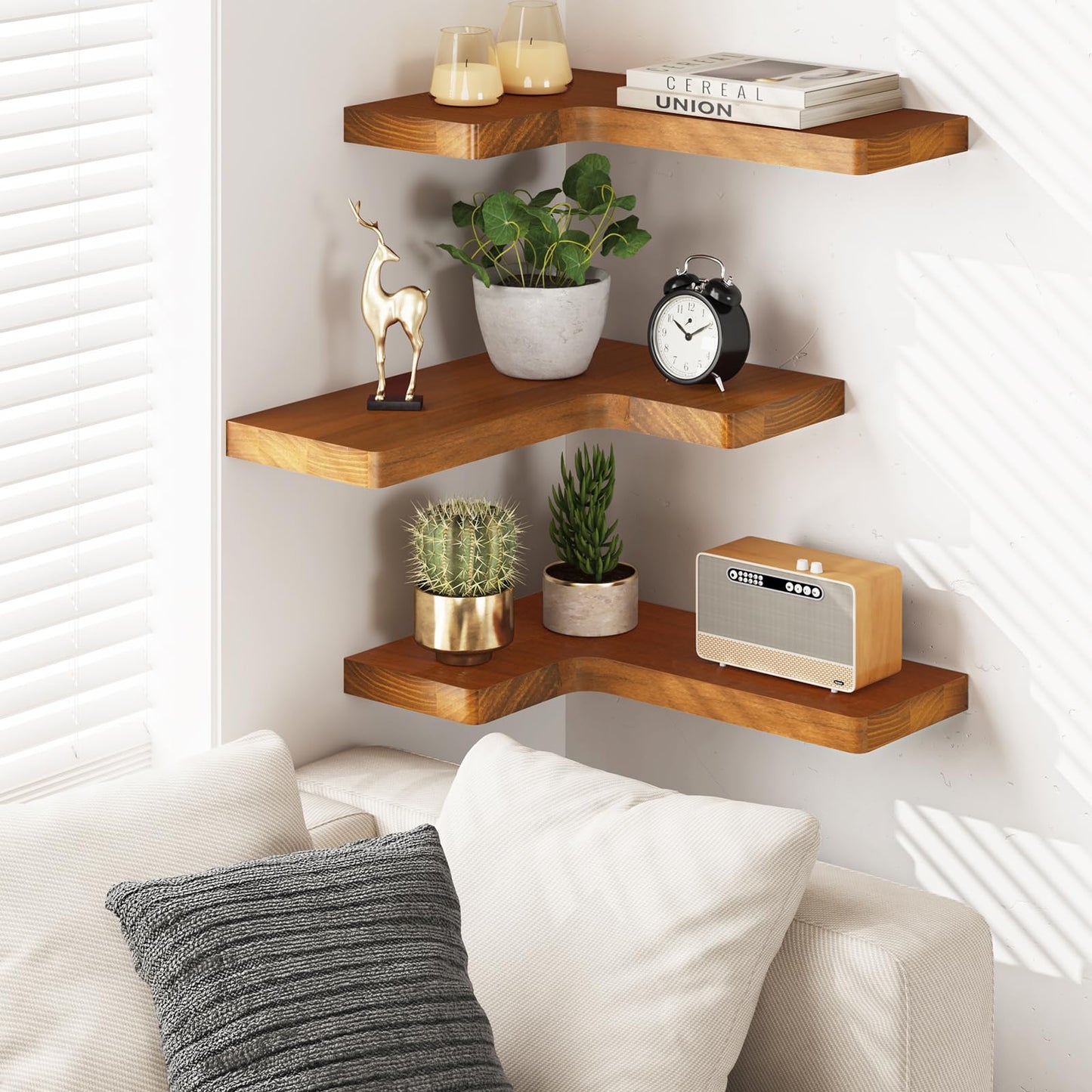 Fixwal Corner Floating Shelves for Wall Mounted Natural Solid Wood 16"x11.4" Farmhouse Home Decor Display Shelving Set of 3 (Rustic Brown)