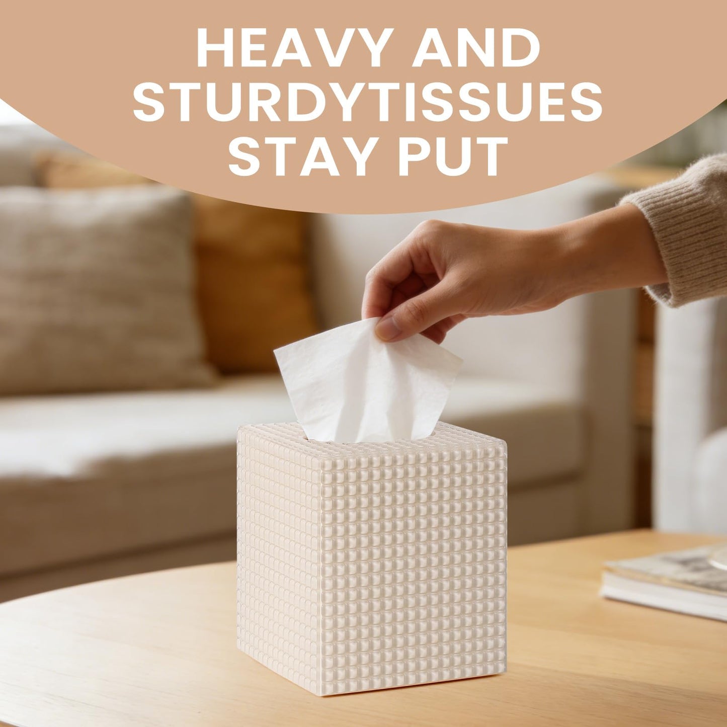 Tissue Box Cover, Square Modern Facial Acrylic Tissue Holder, Aesthetic Cube Napkin Dispenser Accessories for Bathroom Vanity Countertop, Night Stand, Office Beige