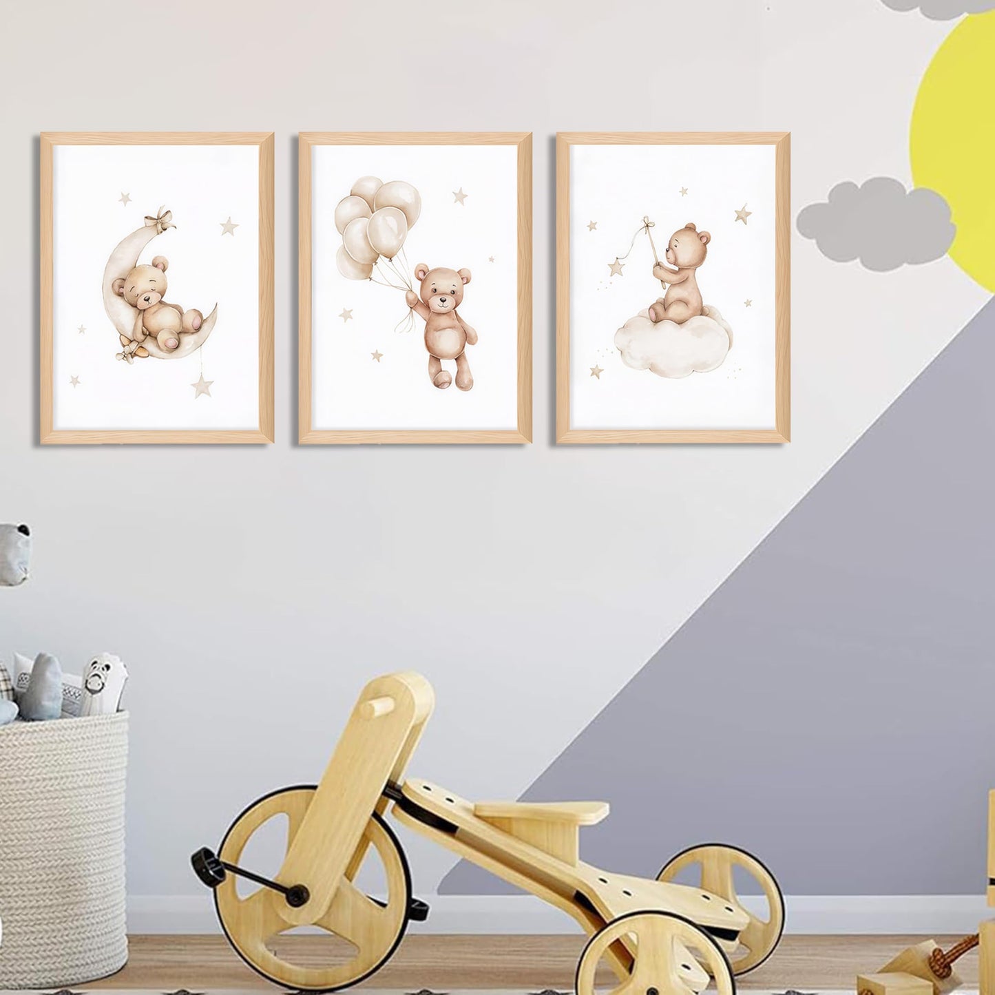 Framed Teddy Bear Wall Art Nursery Decor Set of 3, Bear Sleeping on The Moon and Stars Pictures Canvas, Neutral Bears Poster Prints Wall Decor for Kids Baby Room Girls Children Room – 12x16 inch
