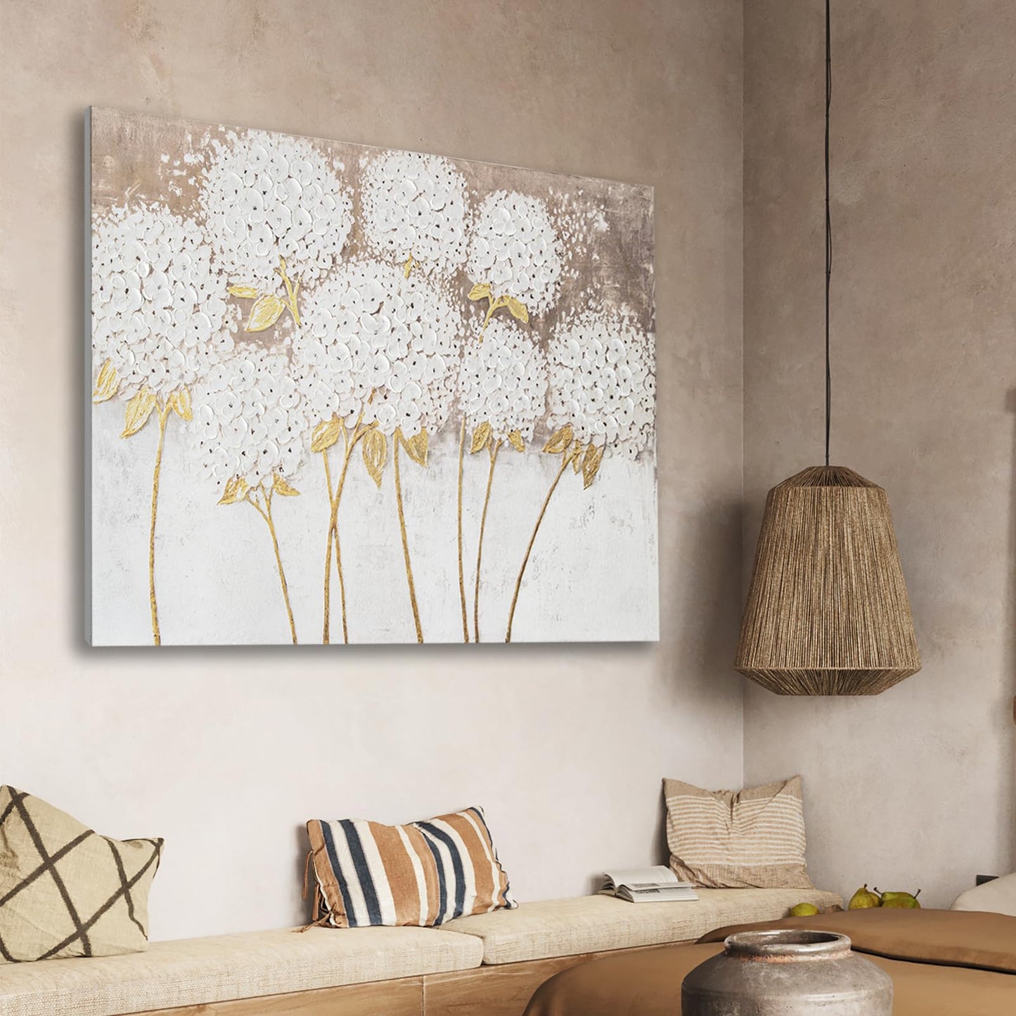 JolyWell Large hand painted wall art White Hydrangea Canvas Wall decor, Modern Floral Wall Decor, 3D Textured Oil Painting, Large Canvas Wall Art for Living Room Bedroom Office Decoration 40x28 Inch