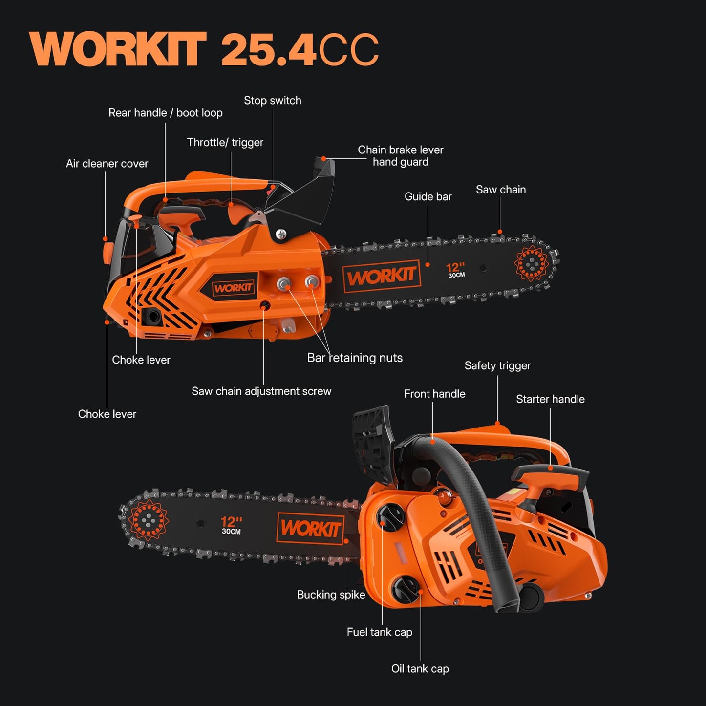WORKIT 25.4CC Gas Powered Chainsaw, 12-Inch 1.2HP Top Handle Gas Chainsaw Easy Start, 2-Cycle Xtreme Engine, Commercial Grade Petrol Small Chain Saw with Auto Oiler, Wood Cutting and Tree Pruning