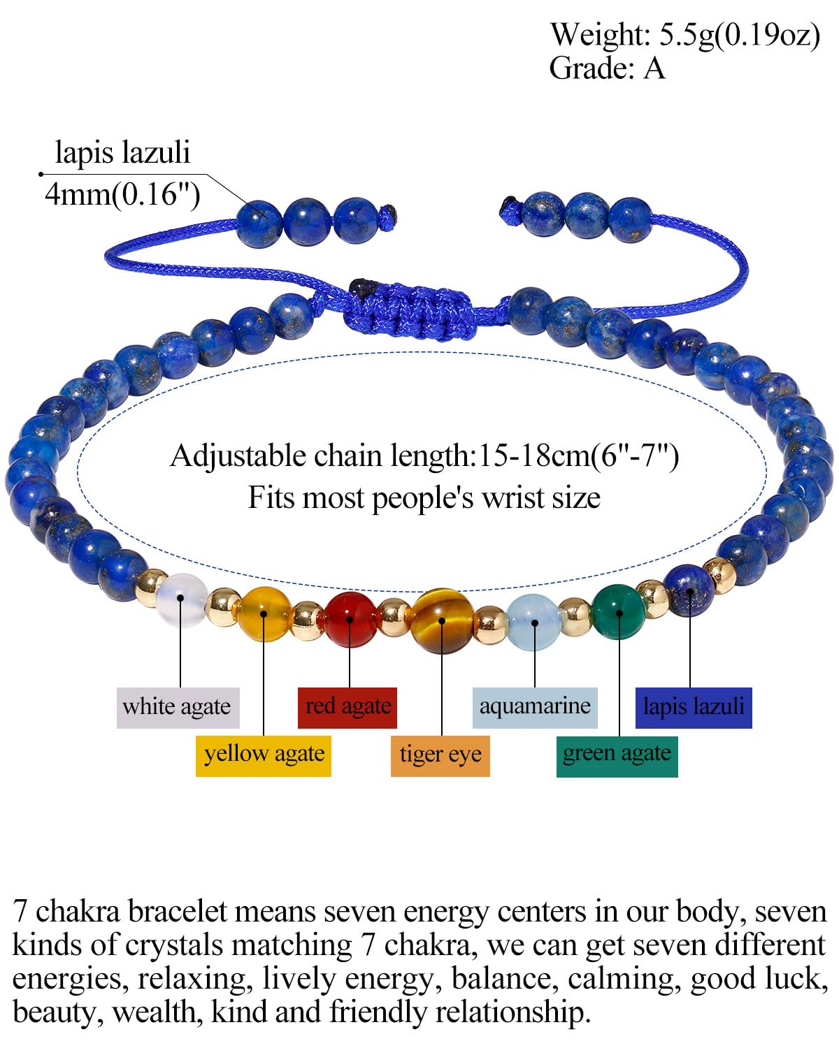 Jewever 7 Chakra Bracelets for Women Real Stone Lucky Rope Crystal Bead Bracelet Crystals and Healing Stones Jewelry Birthday Gifts (lapis lazuli)
