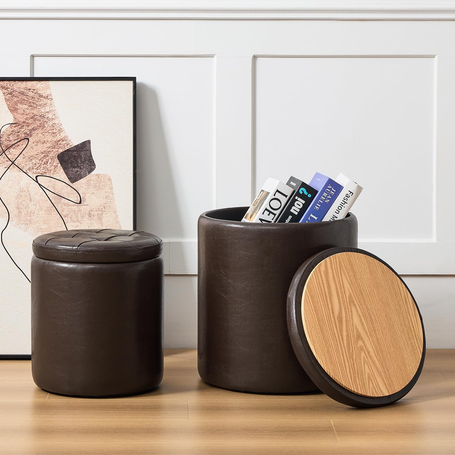 oakvivo Round Set of 2 14.76" L x 14.76" W x 17.32" H Faux Leather Ottoman with Storage, Small Foot Rest Storage Ottomen with Lid Living Room, Bedroom Vanity Stool Chair, Coffee