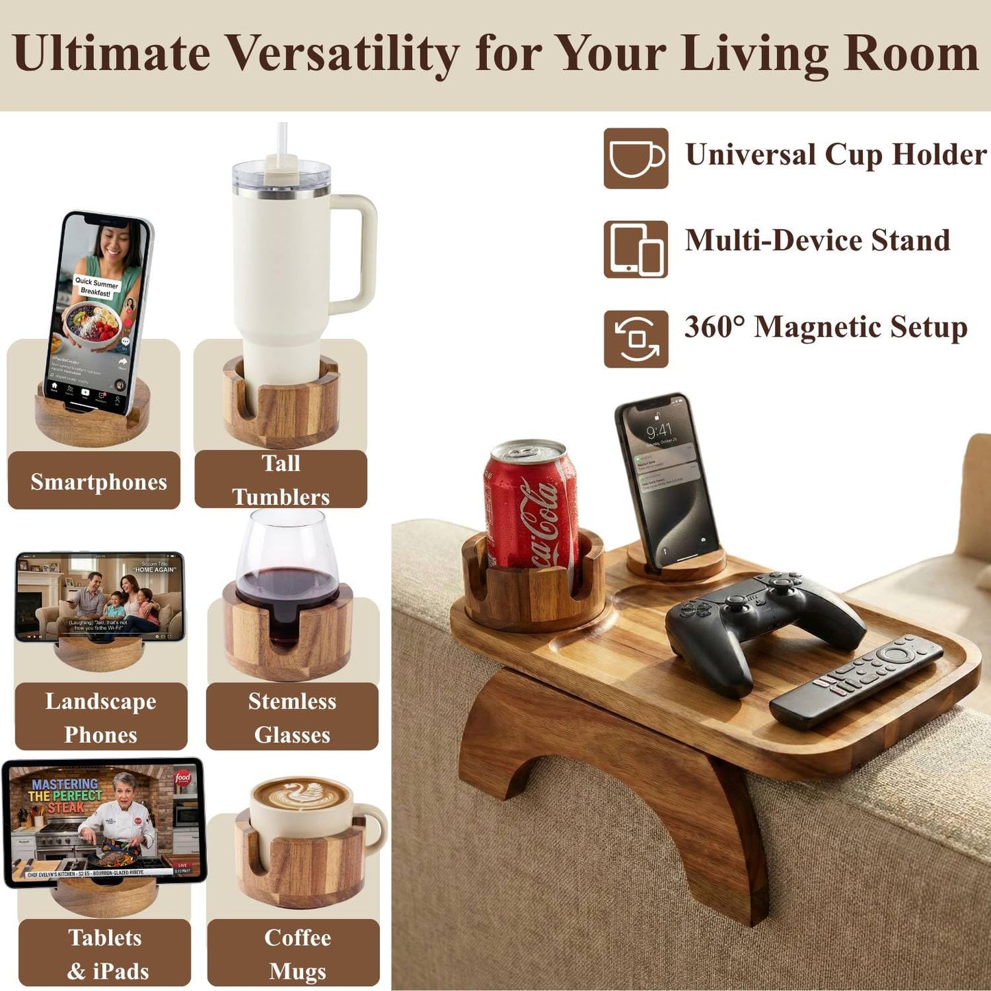 Vellabliss Couch Armrest Table, Acacia Wood Sofa Arm Tray with 360° Rotating Phone & Cup Holder, Clip-On Arm Rest Table for Couch, Anti-Slip Armrest Tray for Snacks & Drinks, 15.4" x 9.8"