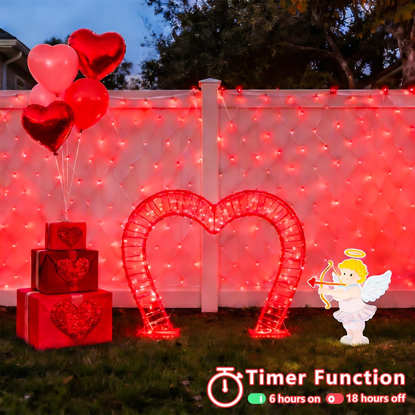 YEGUO Net Lights Outdoor Mesh Lights, 12ft x 5ft 360 LED Red Valentine‘s Day Light Outdoor Waterproof, 8 Modes Connectable Clear Wire Christmas Bush Light Plug in