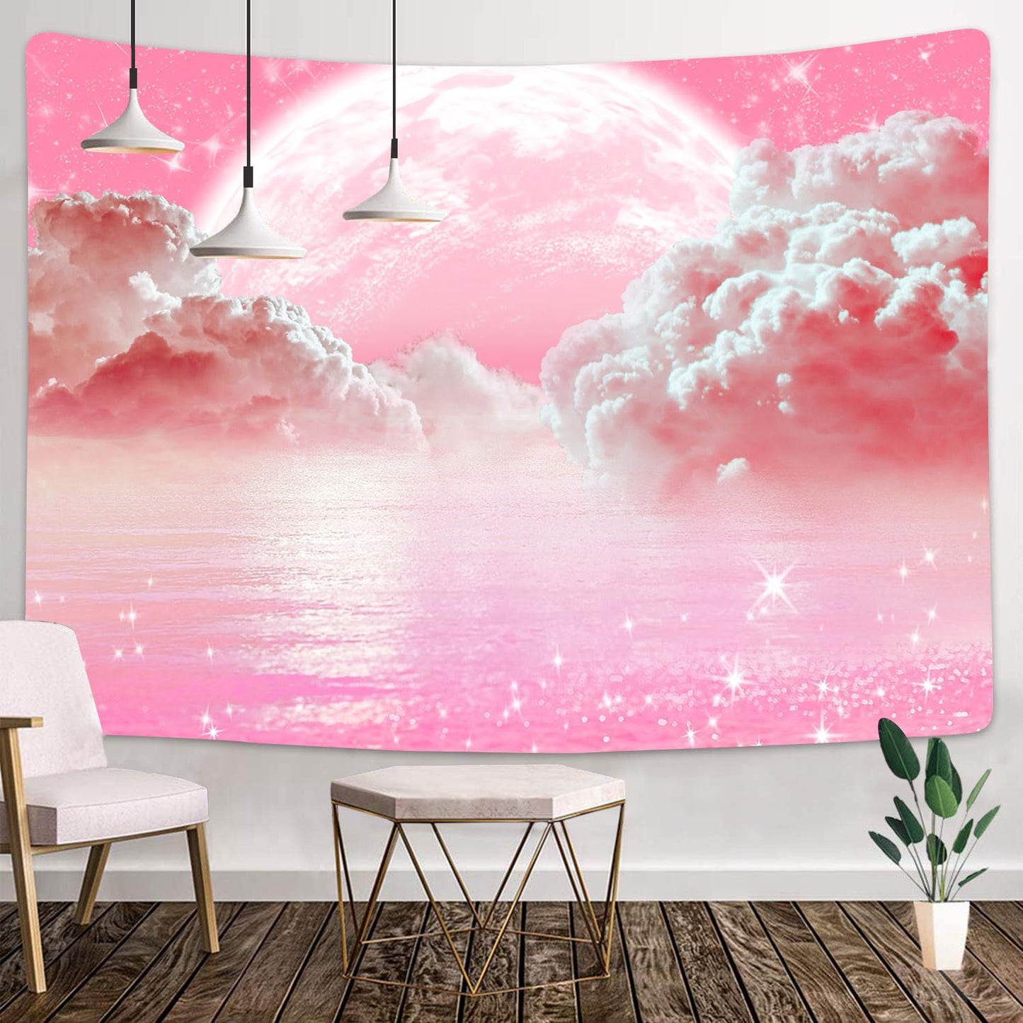 Pink Clouds Sky Tapestry Ocean Moon Stars Nature Landscape Tapestry Fantasy White Cloud Aesthetic Tapestries Wall Hanging for Girls Women Nursery Bedroom Living Room Bedroom Dorm 60X40Inch