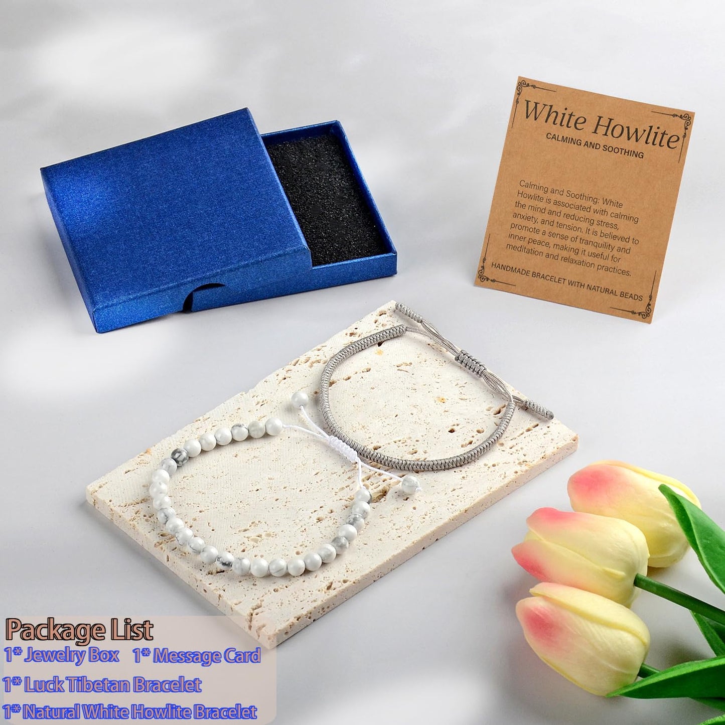 LPBeads 6mm White Howlite Bracelet with Handmade Rope Bracelet Size Adjustable Natural Stone Crystal Healing Bracelets Gifts for Unisex Adults
