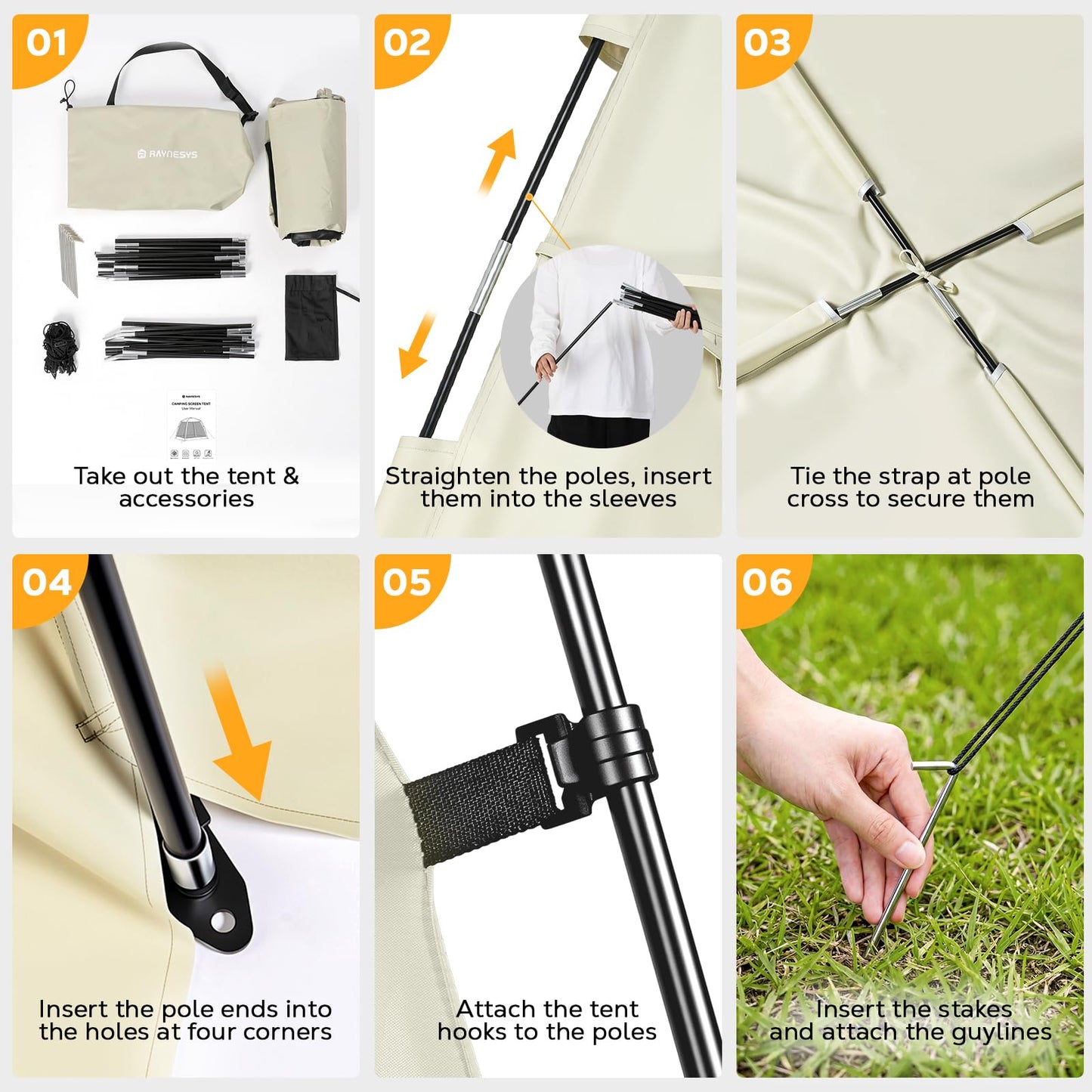 8 × 8ft Camping Screen Tent for 6-8 People, Easy Setup House Tent with 8 Ground Stakes & 4 Windproof Ropes, Portable Screened Canopy with Mosquito Net for Outdoor, Patios, Backyard, Beige