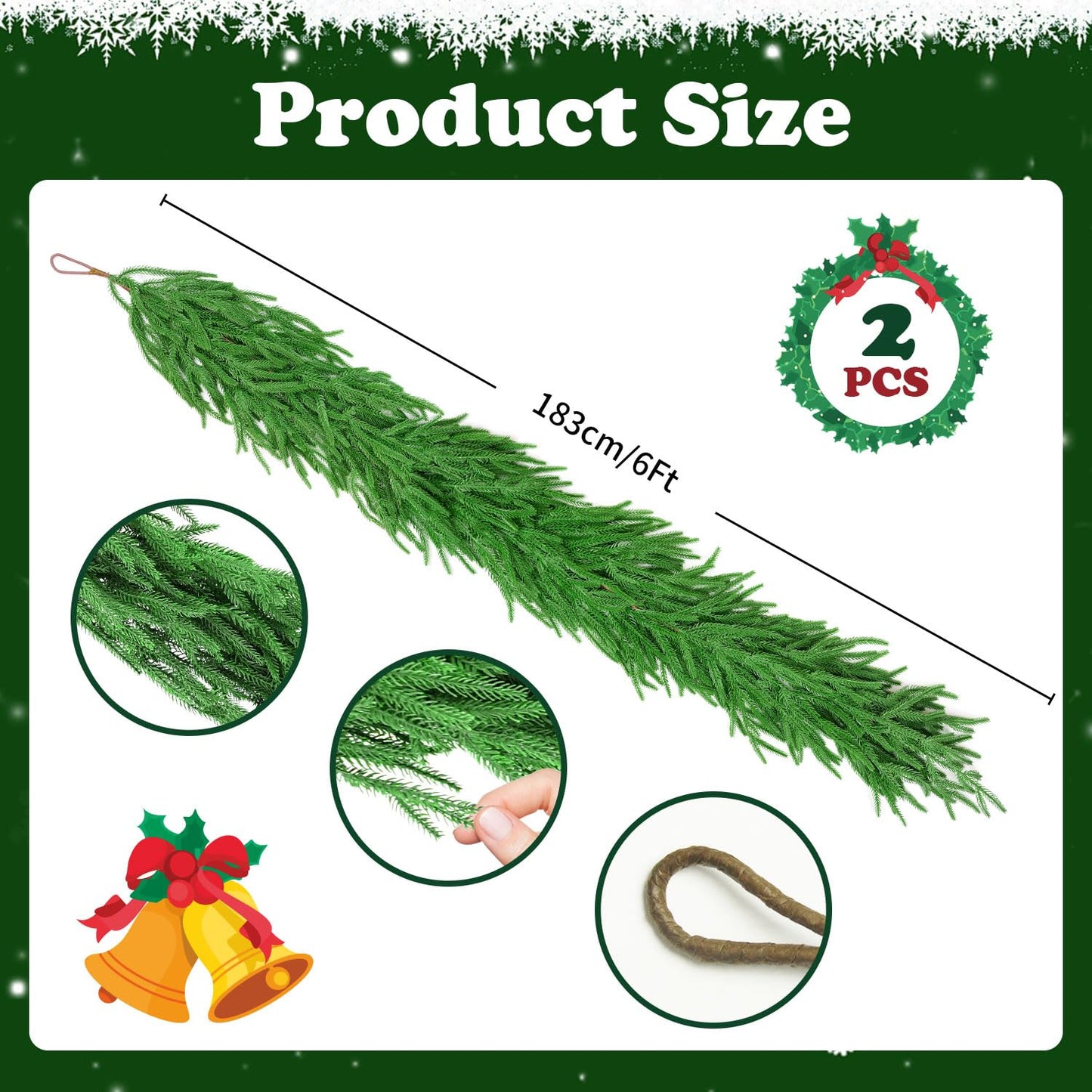 6 Ft 2 Pcs Artificial Norfolk Pine Garland, Real Touch Green Faux Greenery Garland for Christmas Table, Mantle, Wall, Fireplace, Indoor Outdoor Decor