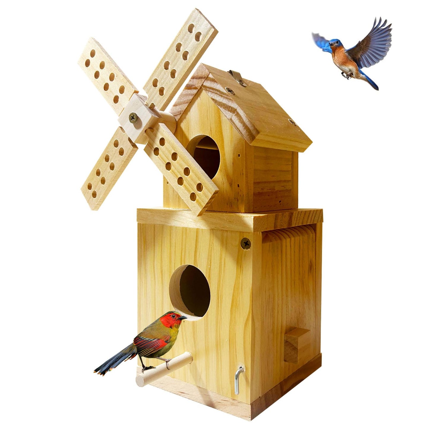 Whesamy Wood Bird House, Hanging Windmill Bird Houses for Outside, Cedar Birdhouse Outdoors for Robin Budgie Swallow Little Sparrow Finch Throstle, Bluebird Houses for Outside, Assembly Required