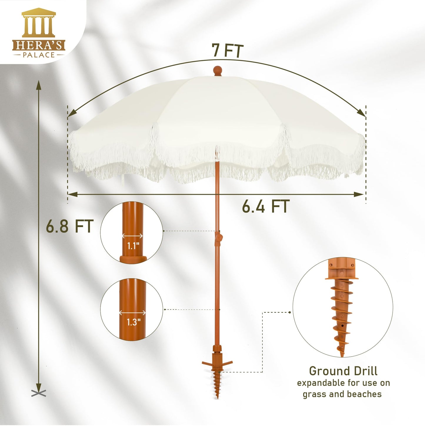 HERA'S PALACE 7 ft Heavy Duty Beach Umbrella with Sand Anchor, Fringe Umbrella for Sand, UV 50+, Patio Umbrella with Tilt Pole for Garden Pool Backyard