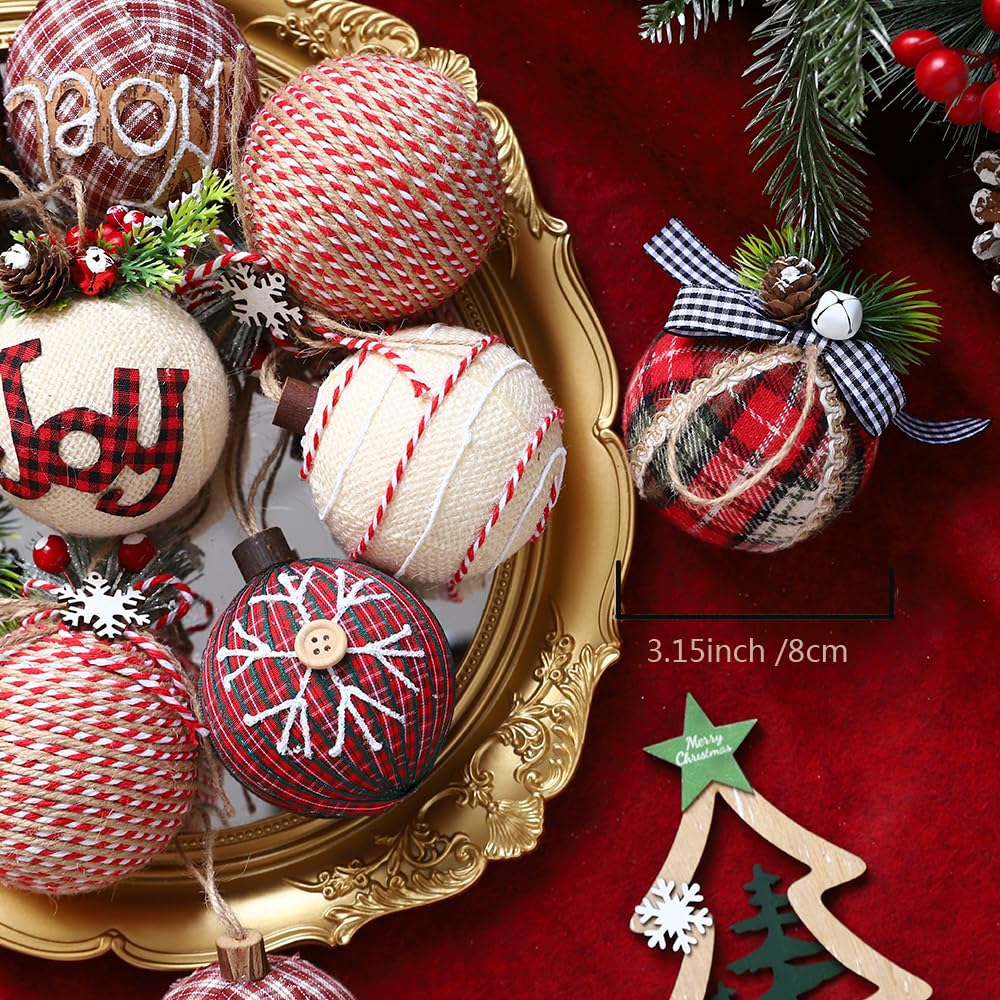 12 Piece Rustic Christmas Tree Ornaments, Farmhouse Christma Decoration, 3.15 inch Natural Jute Burlap Christmas Ball