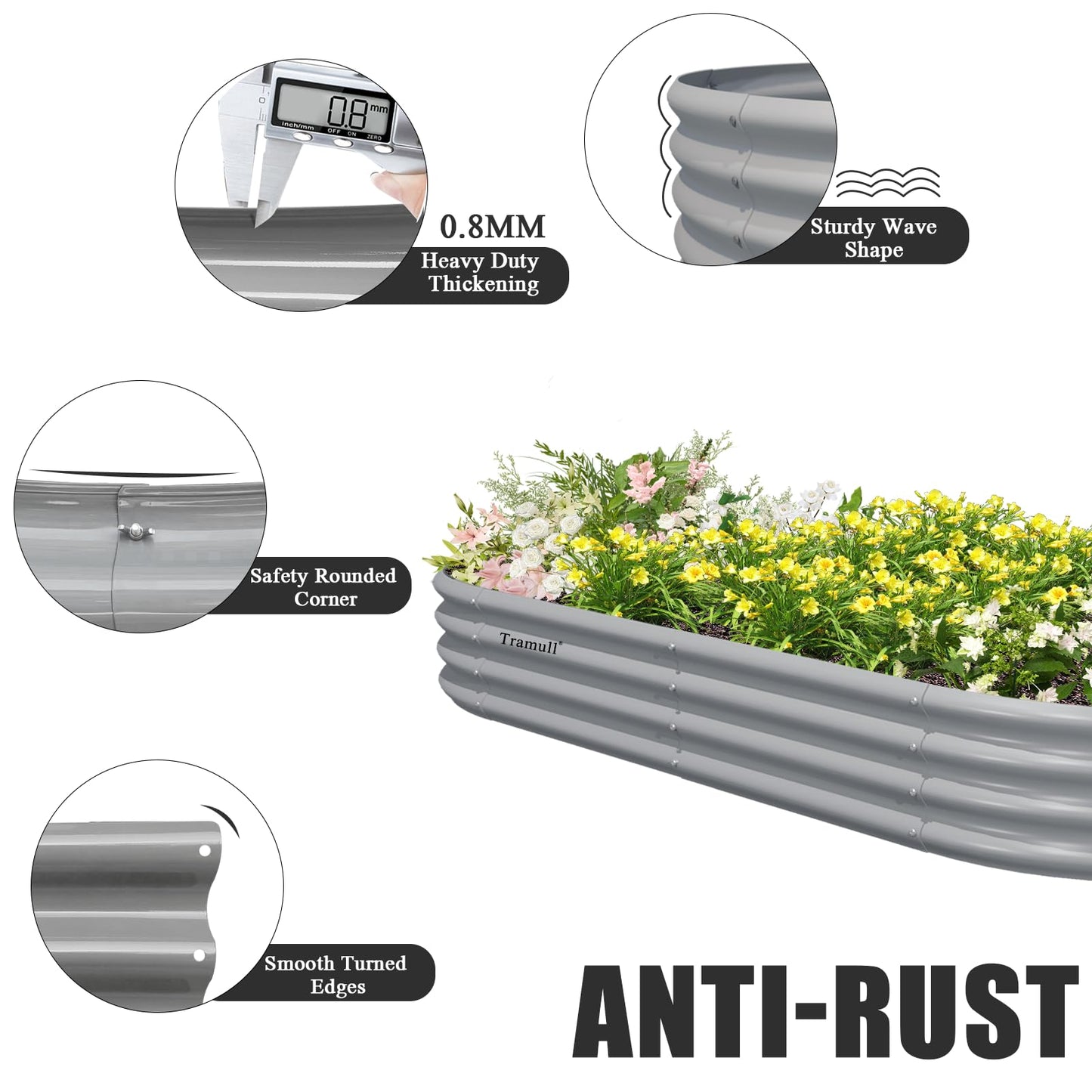 Tramull 2 Pack 8x4x1FT Galvanized Raised Garden Bed Kit Oval Metal Ground Planter Box Outdoor Bottomless Planter Raised Beds for Vegetables Flowers Herbs Fruits, Gray