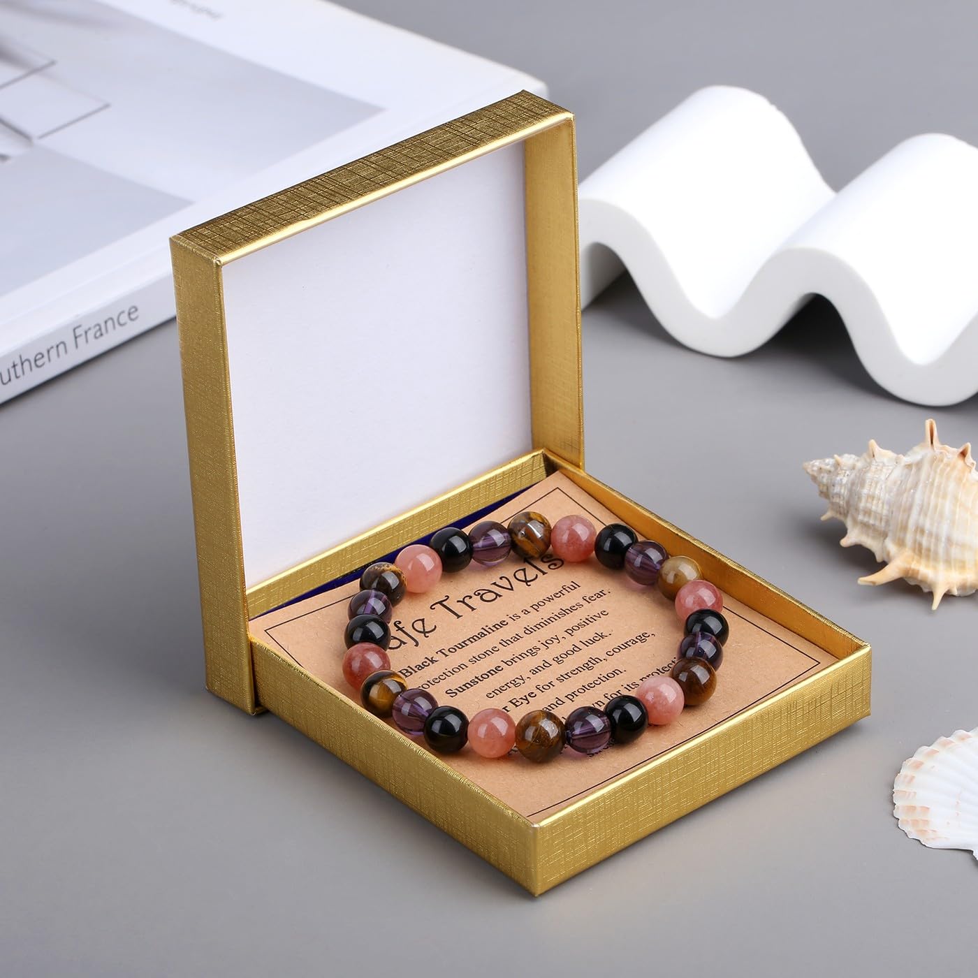 MAIBAOTA Travel Bracelet Gifts for Travel Lovers 8mm Black Tourmaline Tigers Eye Crystal Bracelet Travel Jewelry for Women