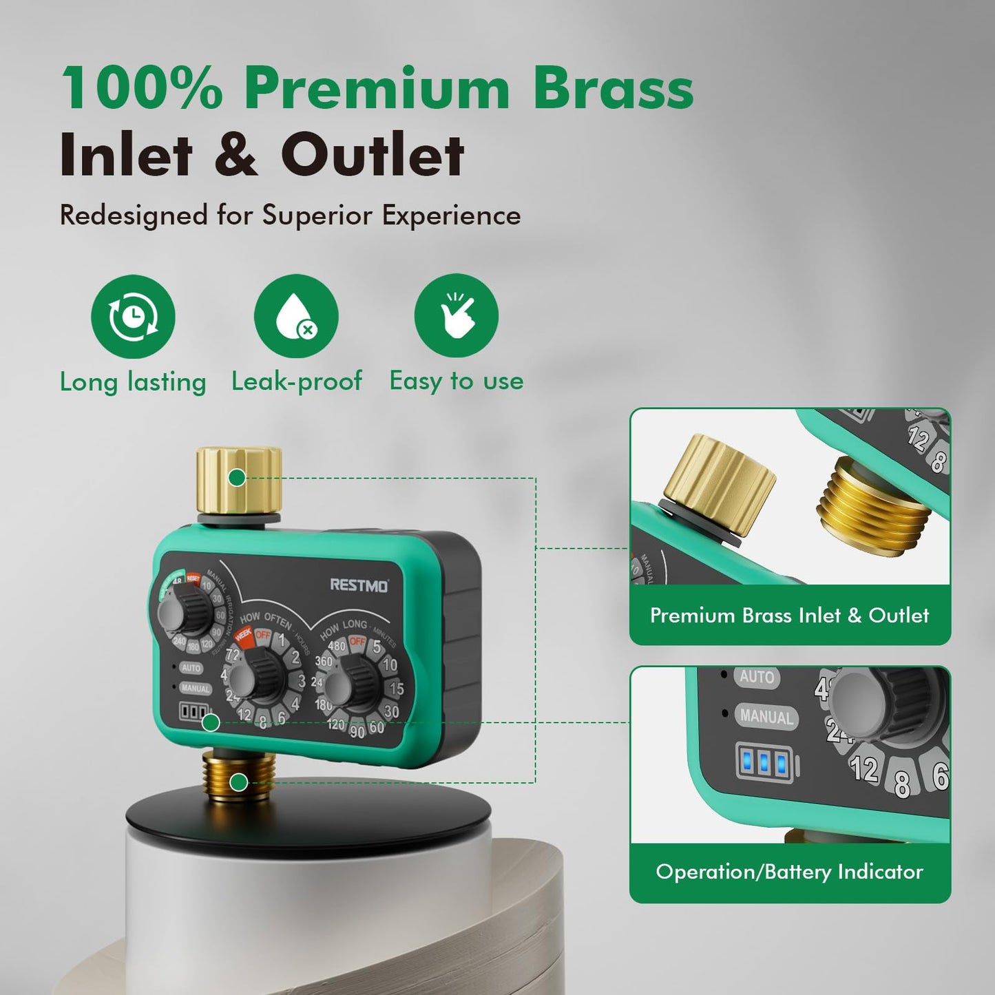 RESTMO 3-Dial Analog Sprinkler Timer with Brass Inlet & Outlet, Mechnical Water Timer for Garden Hose with Manual/Rain Delay, Automatic Drip Irrigation System, 480 Minutes Max Watering, Easy to Set Up