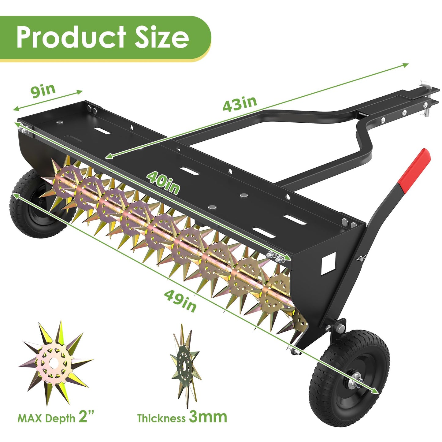 Seeutek 40 Inch Tow Behind Spike Aerator - Heavy Duty Rolling Lawn Aerator with 3D Steel Tines & Weight Tray, Extra-Wide Tow Bar Soil Penetrator Spikes Tractor with Folding Shovel for Lawn Garden Farm