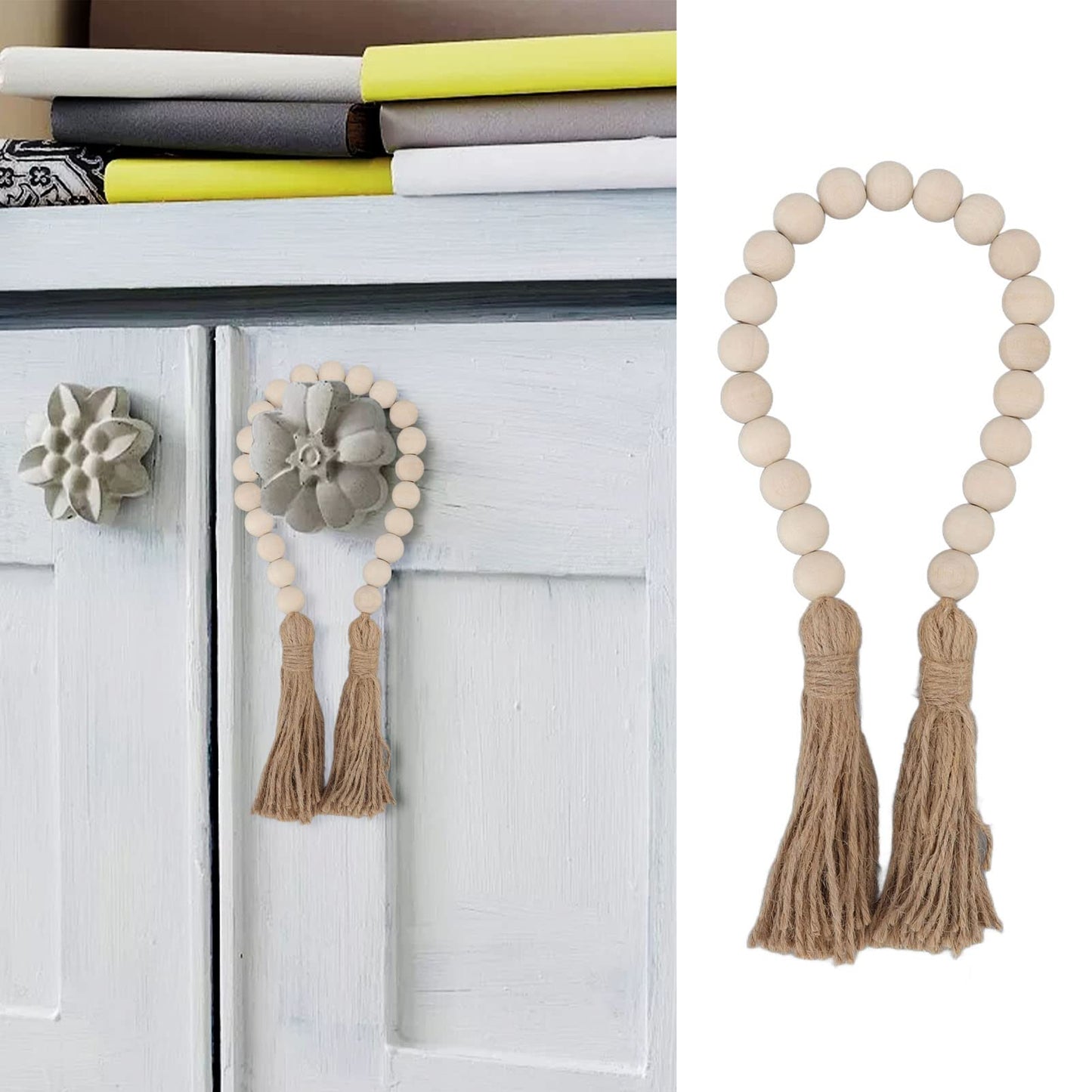 Buachois Farmhouse Beads 24in Wood Bead Garland with Tassels Rustic Country Decor Prayer Wall Hanging Bead Decoration for Gifts Ornamen