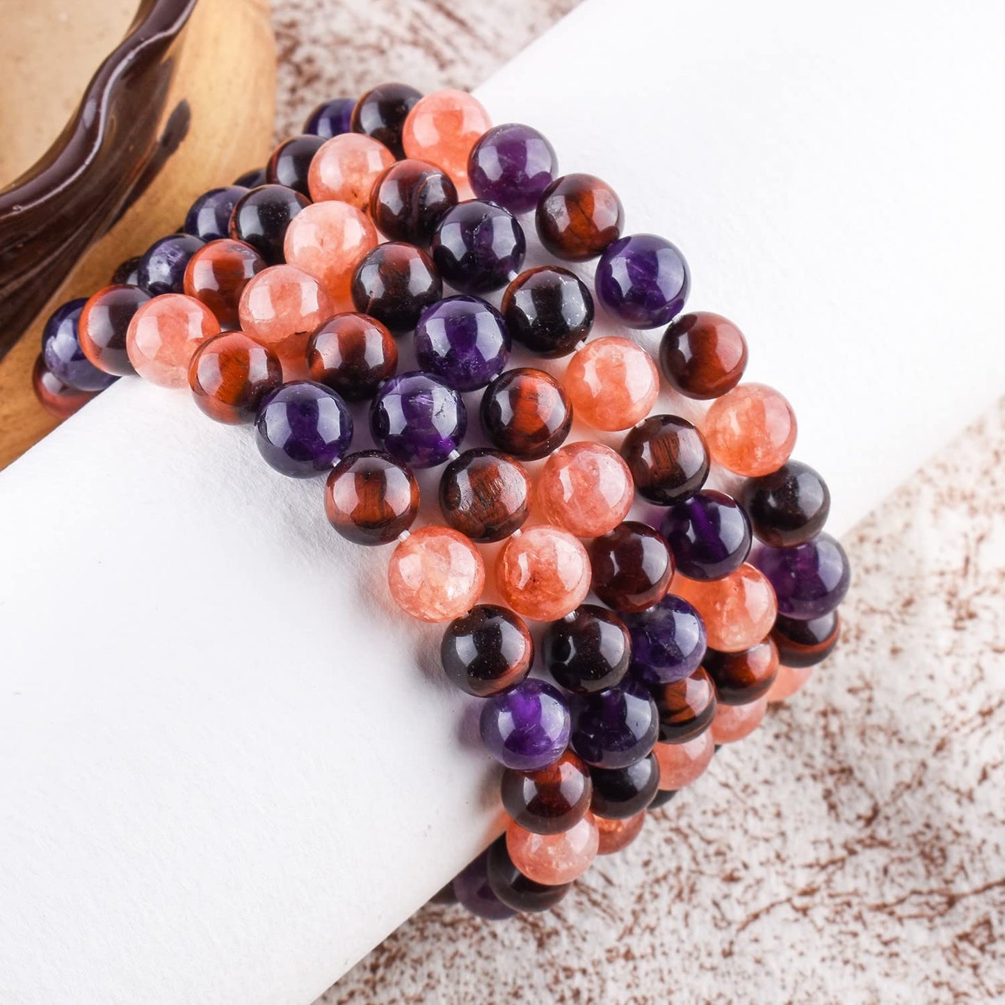 OdrillionGems Triple Crystal Healing Bracelet - Sunstone - Red Tiger's Eye - Amethyst Handmade Bracelet Stretchable Genuine Round Beaded 10mm Unisex Jewelry Chakra Stones - Yoga - Energy - Spiritual