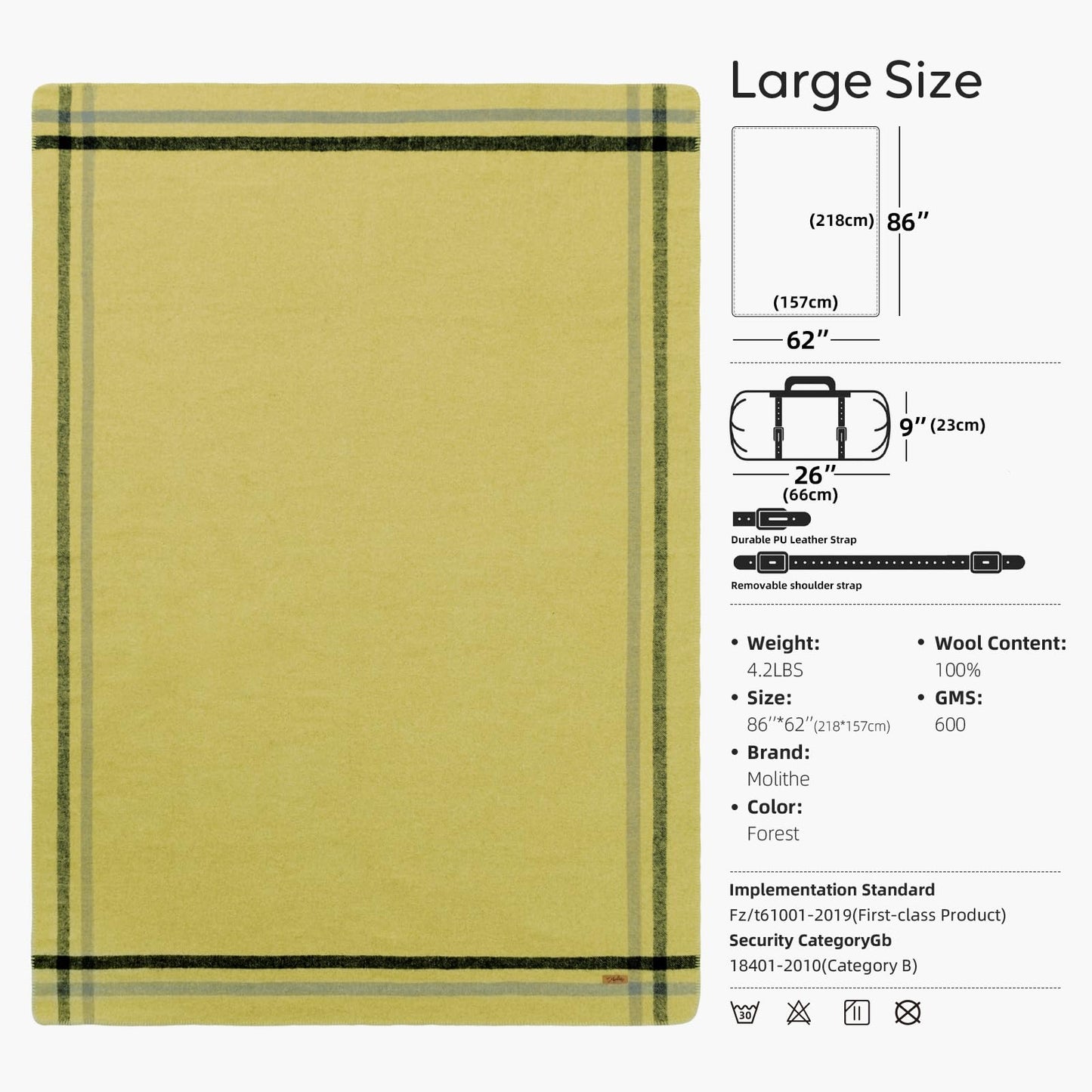 Molithe 100% Wool Blanket, 62" x 86", Warm, Thick, Washable, Military Wool Blanket, Great for Camping, Outdoors, Sporting Events, Survival Kits