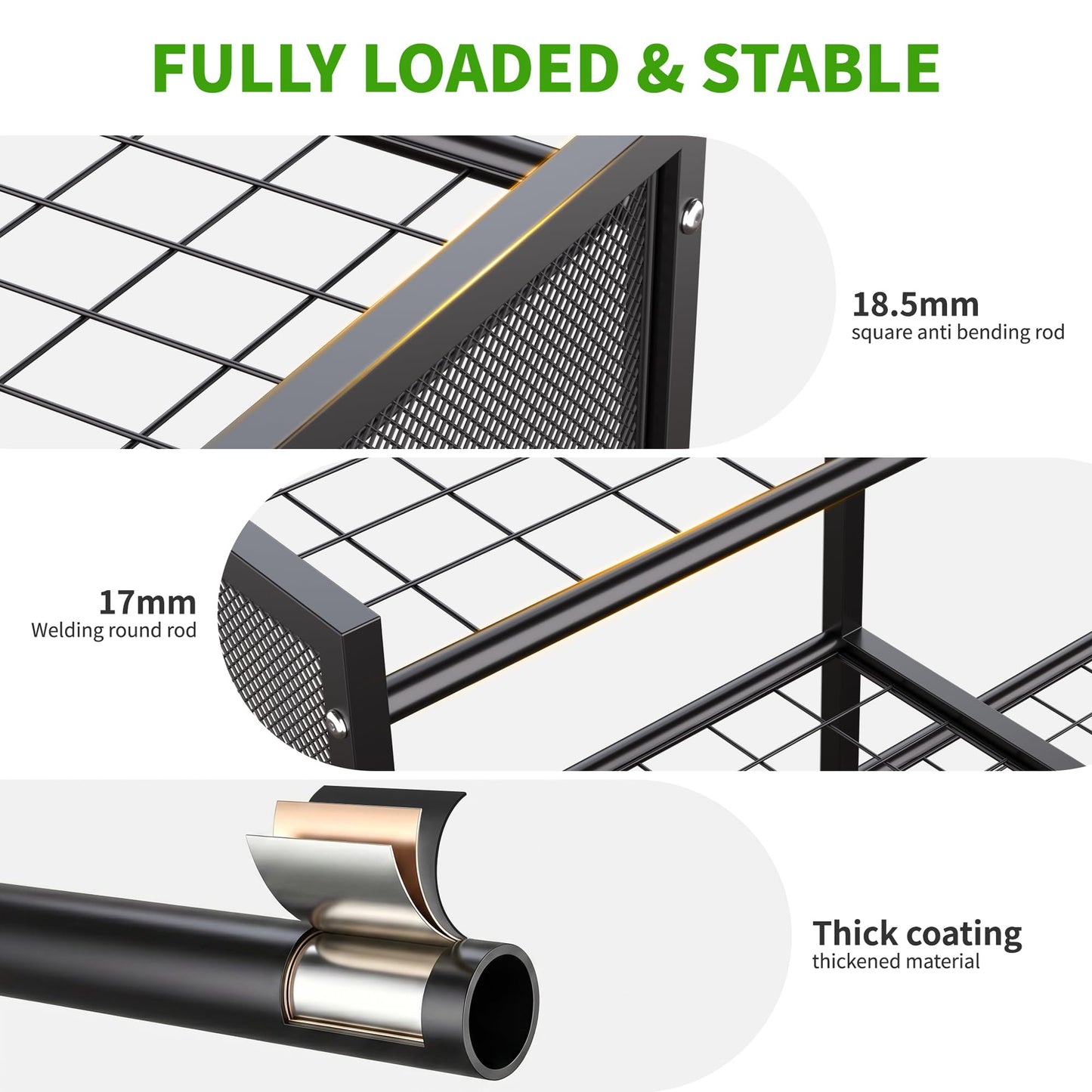 HOTEAGLE Garden Tool Organizer for Garage with 35.4” Width(High Stability), Outdoor Metal Utility Rolling Carts with Mute Wheels & 18.5mm Thick Rods, Easy to Clean, Black