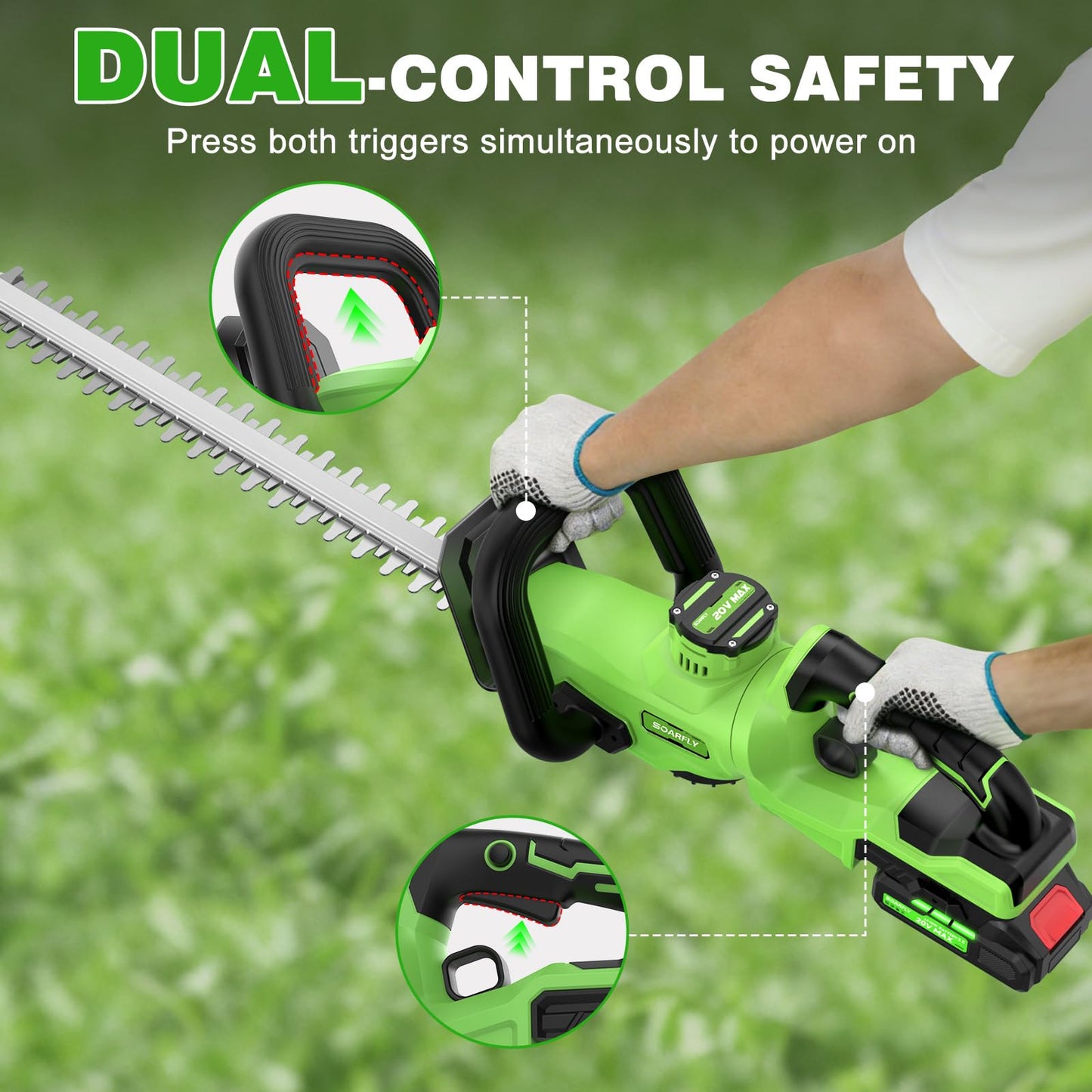22'' Hedge Trimmer Cordless with Battery 2×2.0Ah, SOARFLY 3000RPM 180° Rotatable Handle Electric Hedge Trimmer, Dual Safety Lock 20V Powerful Bush Trimmers Tree Trimmer for Garden Lawn Yard Pruning