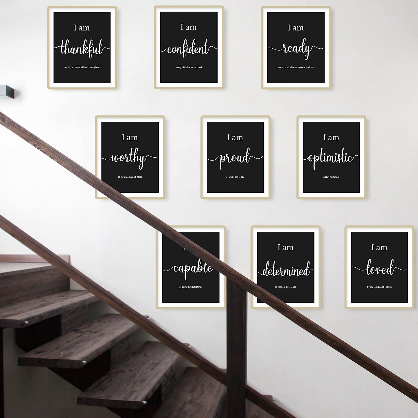 Outus 9 Pieces Inspirational Motivational Wall Art Office Bedroom Wall Art,Daily Positive Affirmations for Men Women Kids Inspirational Positive Quotes Sayings Decor(Black)