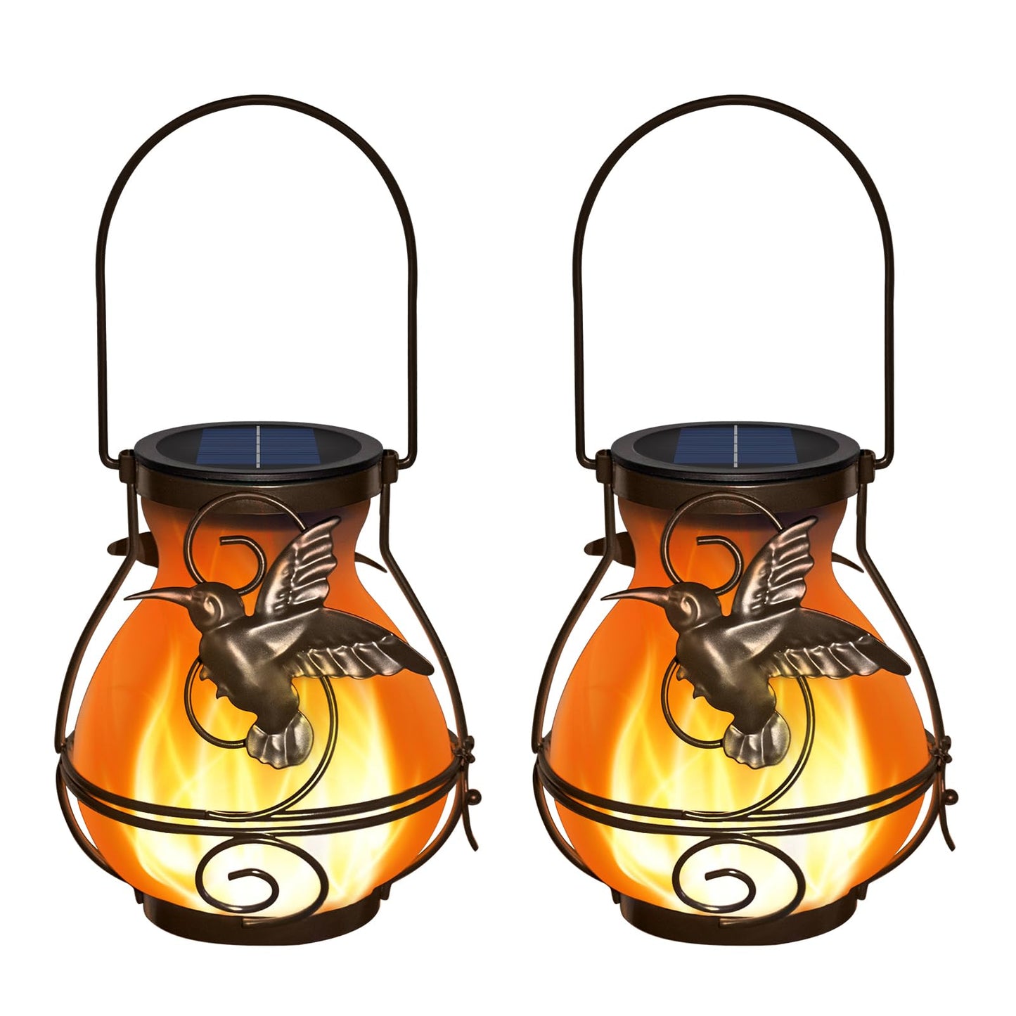 2 Pack Solar Lanterns Outdoor Waterproof , Metal Hummingbird Flickering Flame Solar Lights, Hanging Decorative Lantern for Patio Garden Porch, Gifts for Women, Mom