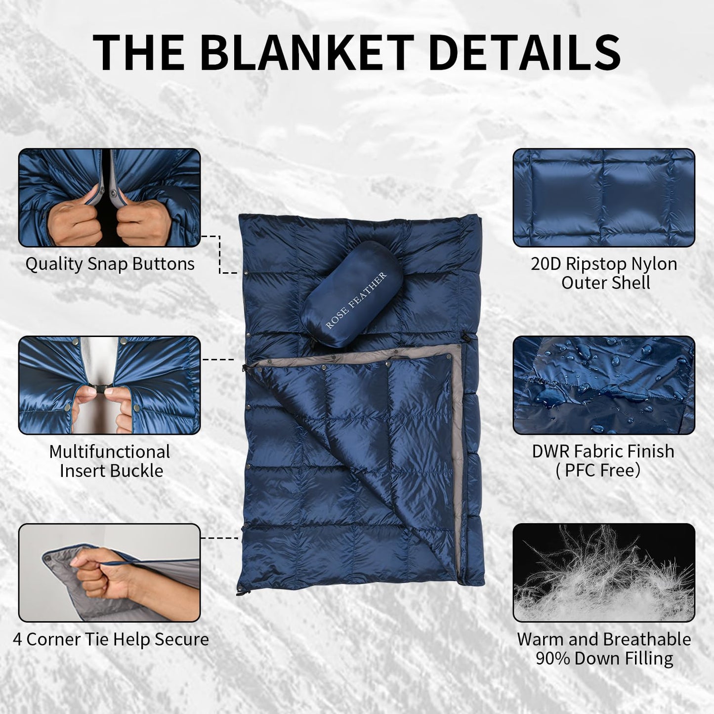 ROSE FEATHER Down Camping Blanket, Lightweight Outdoor Travel Blanket, Puffy Sleeping Bag Blanket, Waterproof Packable Backpacking Quilt for Camping,Travel, Airplane,Hiking,Picnic, 55''x79'' (Blue)