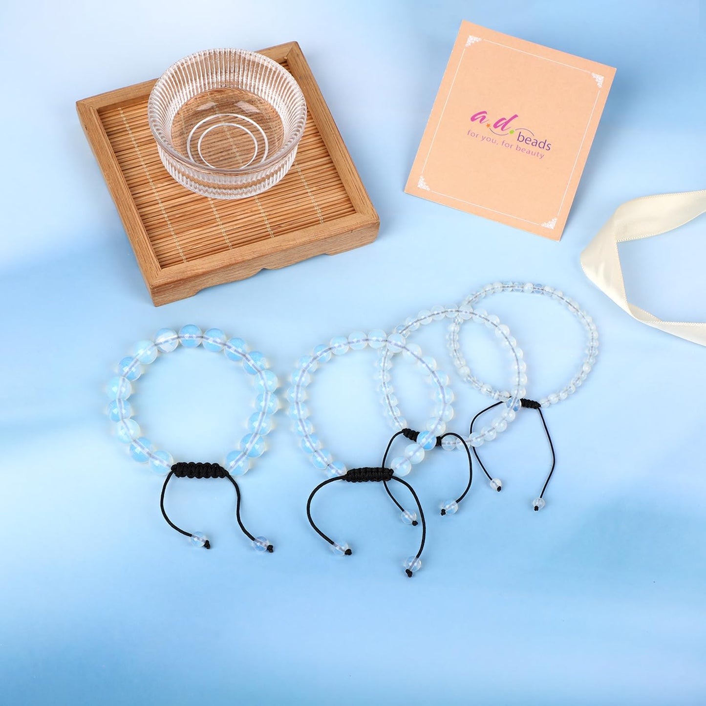 AD Beads 8mm Opalite - Self-Descovery - Handmade Natural Stone Crystal Bracelet with Adjustable Macrame String - Yoga Healing Power Energy Gifts for Men and Women