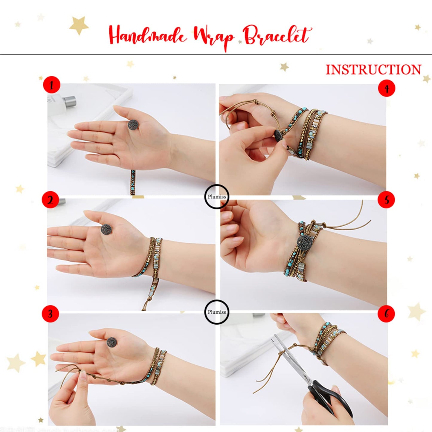 Plumiss Boho Handmade Green Stylish Natural Stone Crystal Hematite Stainless Steel Chain Mixed 5 Wrap Bracelet for Women Men