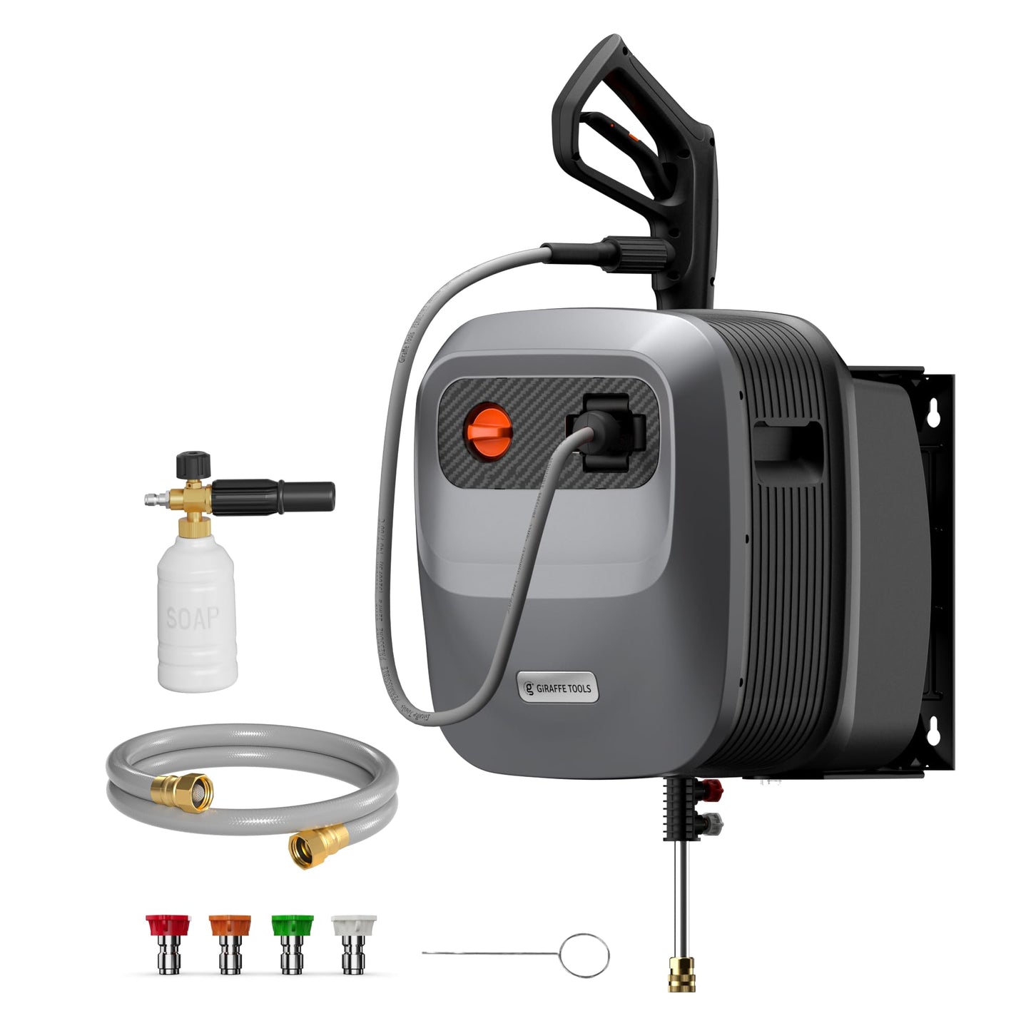 Giraffe Tools Grandfalls Retractable Pressure Washer G20, 2500 PSI 2.2 GPM, 180° Wall Mounted Power Washer, Auto-Retract with 65ft Pressure Hoses, 5 Nozzles for Floor/Cars/Fences/Patios, Dark Silver