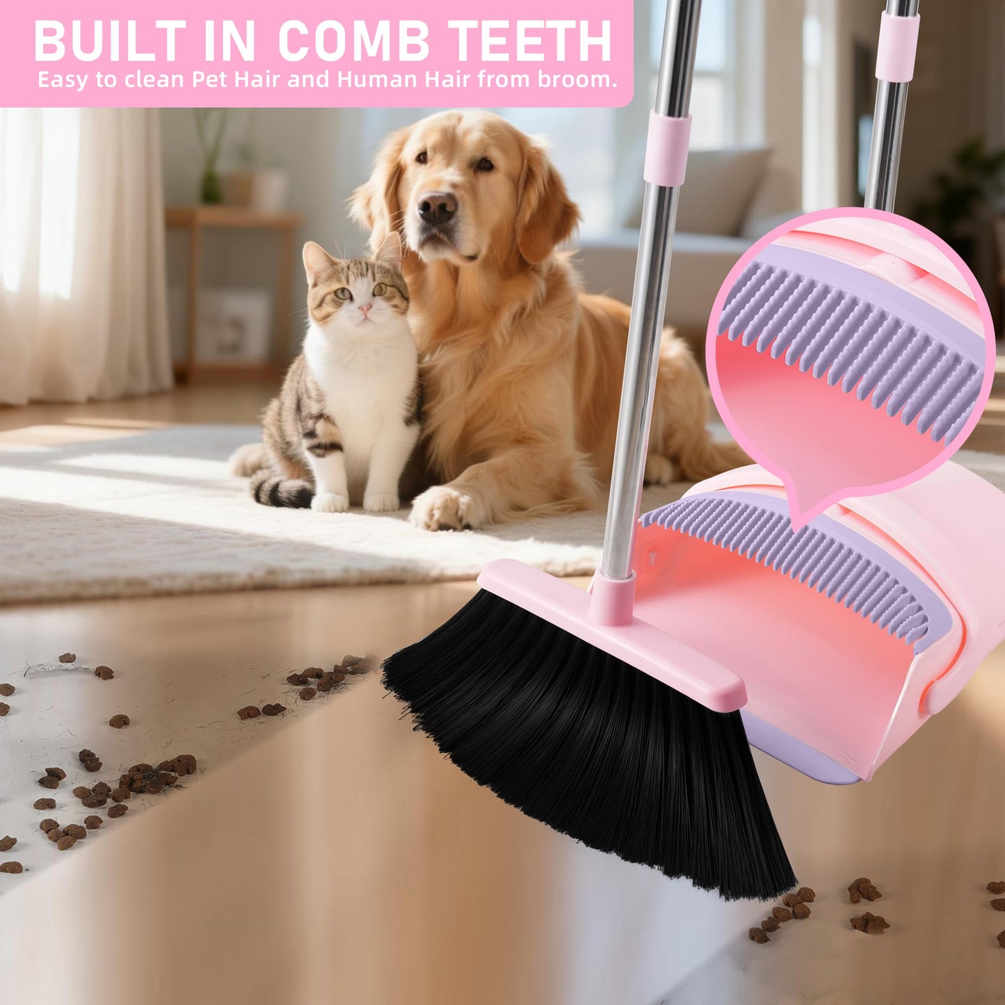 Broom with Dustpan Combo Set, 52-in Adjustable Handles Broom and Dustpan Set with Combo Teeth Easy to Scrape Off Pet Hair, Indoor&Outdoor Sweeping