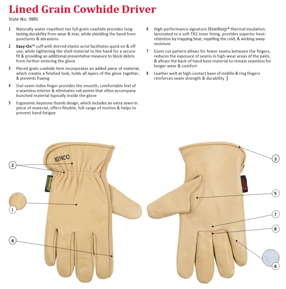 Kinco, 98RL-XL, Lined Grain Cowhide Leather Glove - Warm Heatkeep Thermal Insulation, Long Lasting Protection, Safe, Comfortable, Anti Fatigue Design - Farm, Construction, All Purpose, Ranch, X-Large