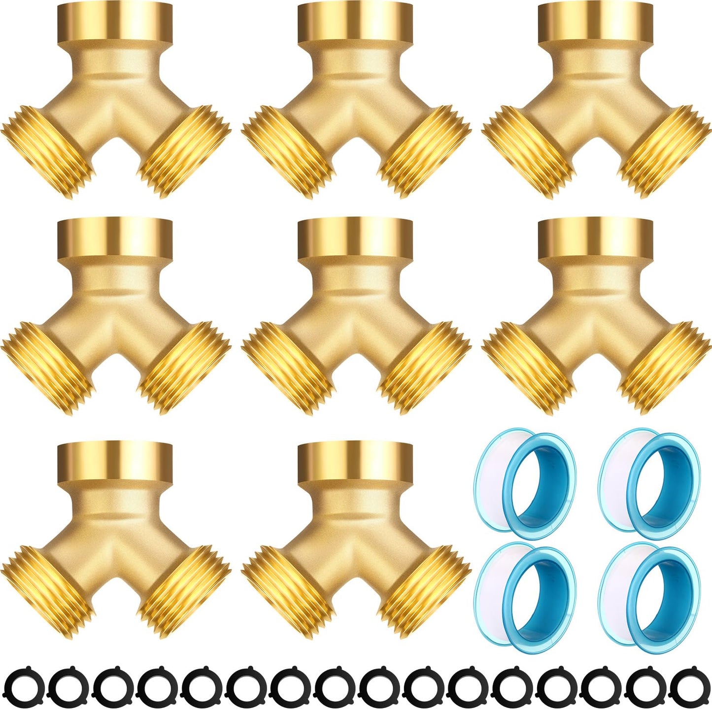 JaGely 8 Pack Garden Hose Splitter 2 Way Heavy Duty Brass Hose Spigot Adapter Y Valve Garden Hose Connector 3/4" Inch Thread Splitter Adapter with 16 Rubber Hose Washers