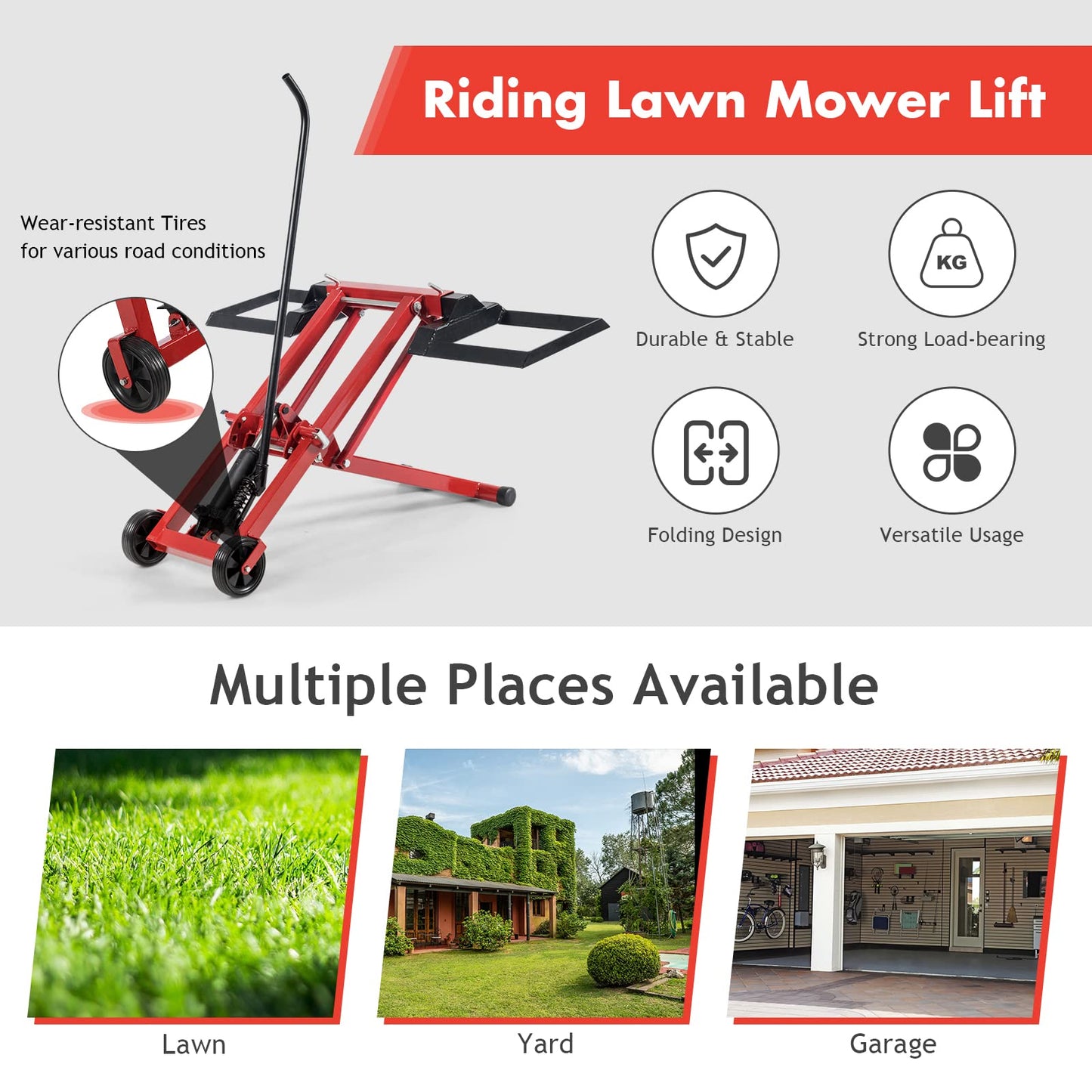 IRONMAX Lawn Mower Lift, 500 LBS Weight Capacity, Zero Turn Mower Hydraulic Jack with Non-Slip Wheels, Adjustable Riding Lawn Tractor Lift for Maintenance and Repair